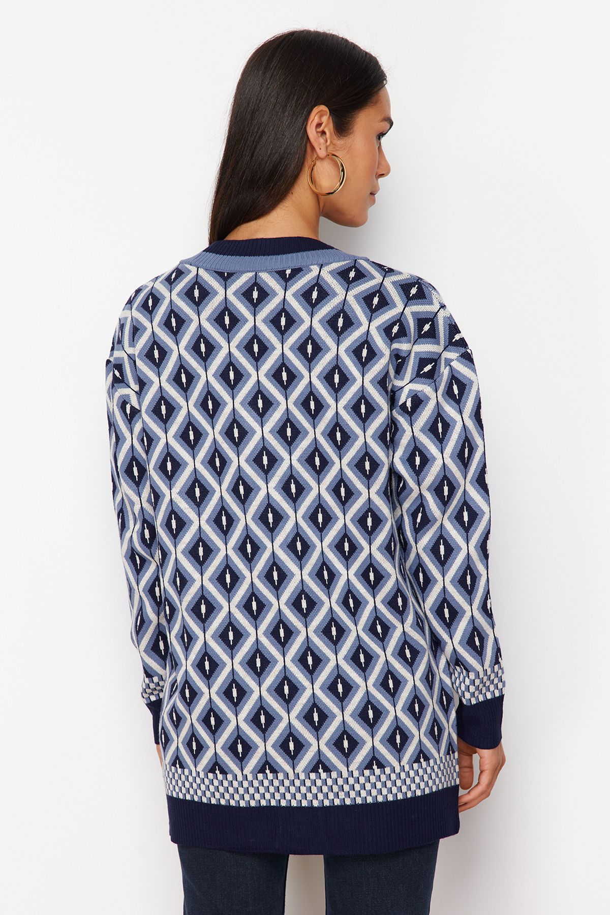 Trendyol Modest-Granatowy, żakardowy sweter z guzikami, szczegółowy, dzianinowy kardigan TCTAW22TH0013 6