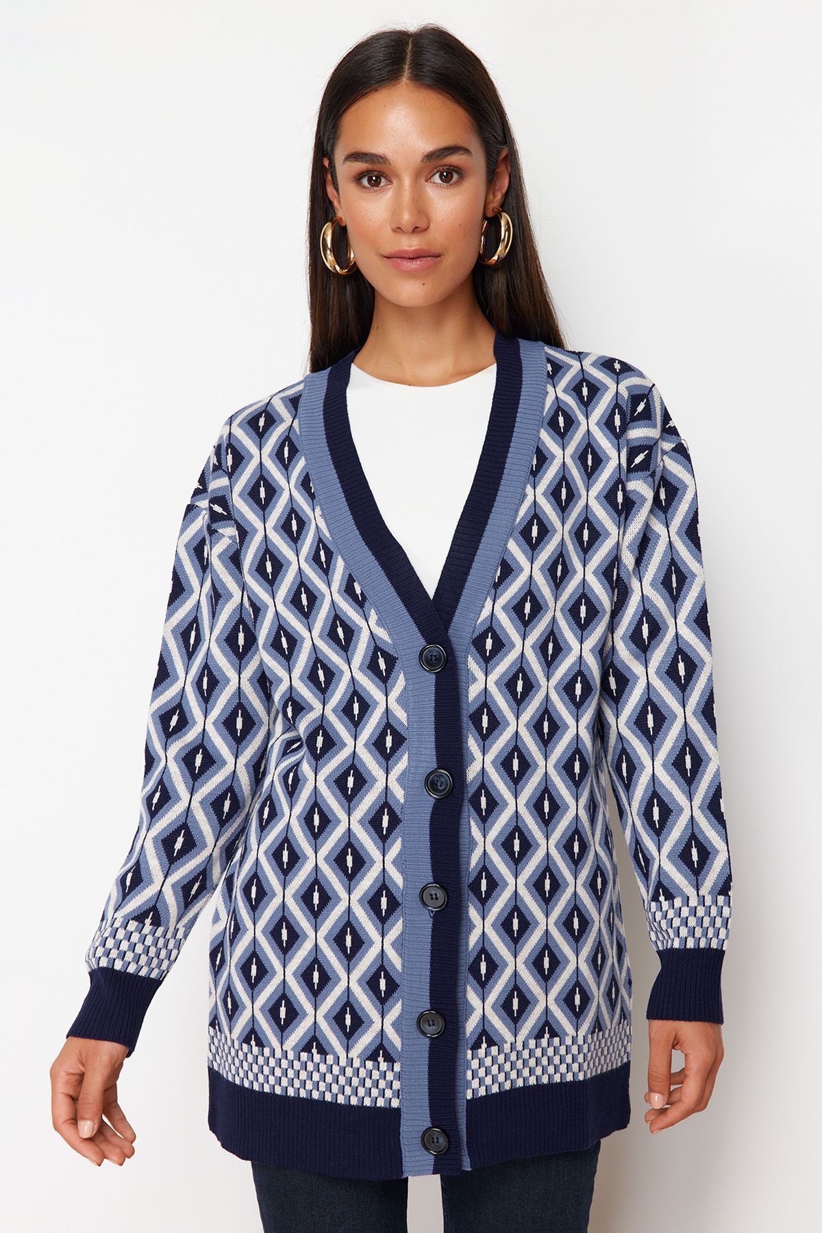 Trendyol Modest-Granatowy, żakardowy sweter z guzikami, szczegółowy, dzianinowy kardigan TCTAW22TH0013 3