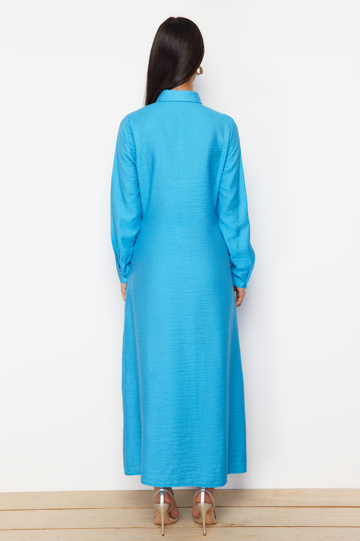 Trendyol Modest-Cămașă țesătă cu nasturi cu cravată laterală turcoaz Rochie cu aspect de in TCTSS22EB0025 6