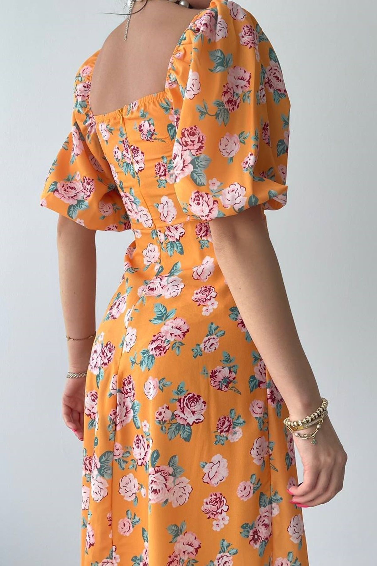 bayansepeti-Πορτοκαλί floral print ύφασμα με κουμπί και λεπτομέρεια με σχισμή Πριγκίπισσα μανίκι Midi φόρεμα 255 3