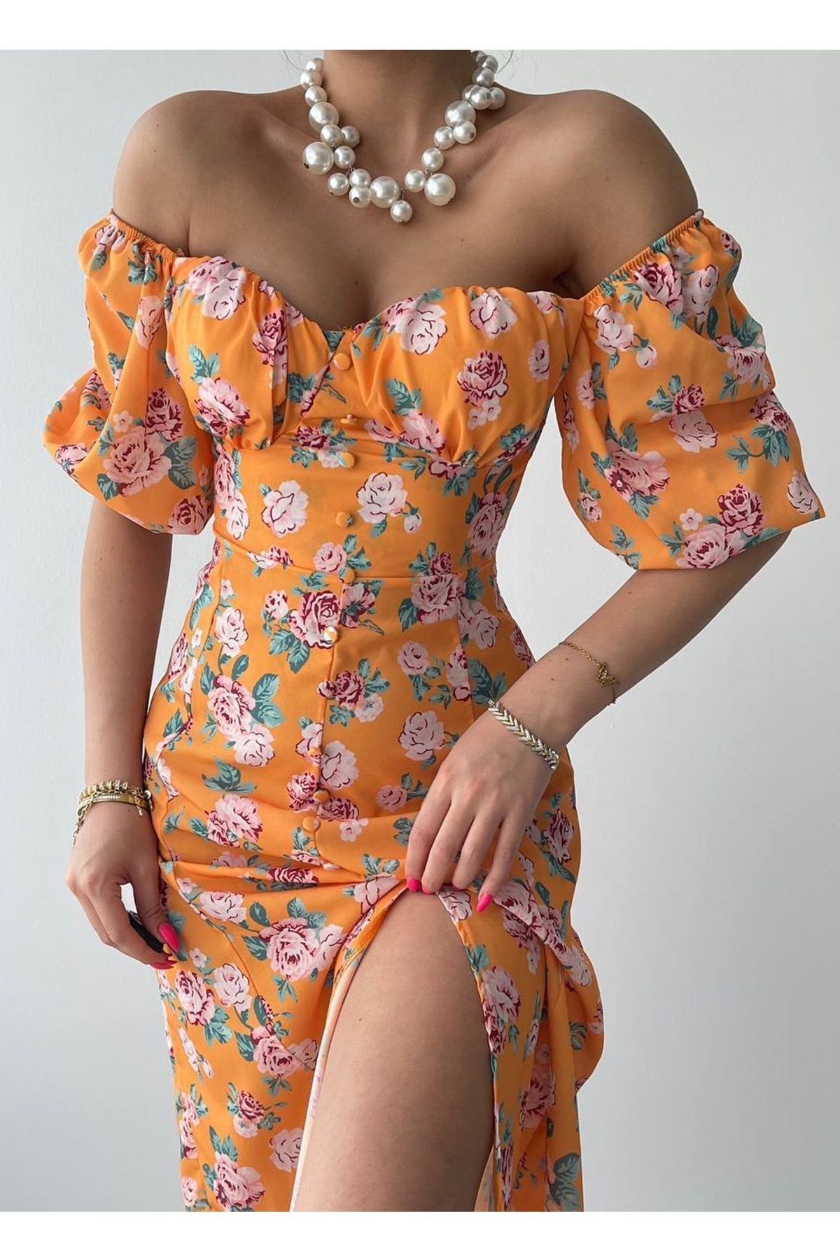 bayansepeti-Πορτοκαλί floral print ύφασμα με κουμπί και λεπτομέρεια με σχισμή Πριγκίπισσα μανίκι Midi φόρεμα 255 4