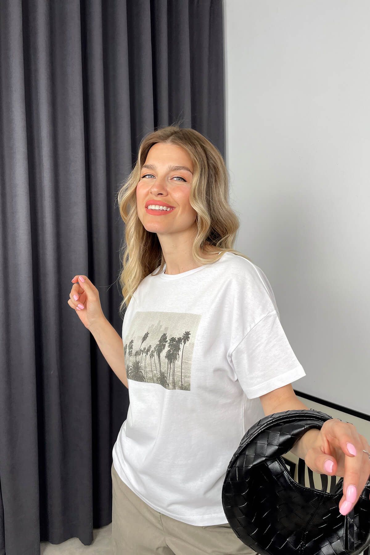 Sue Store-White Palm Printed Oversize T-Shirt 1