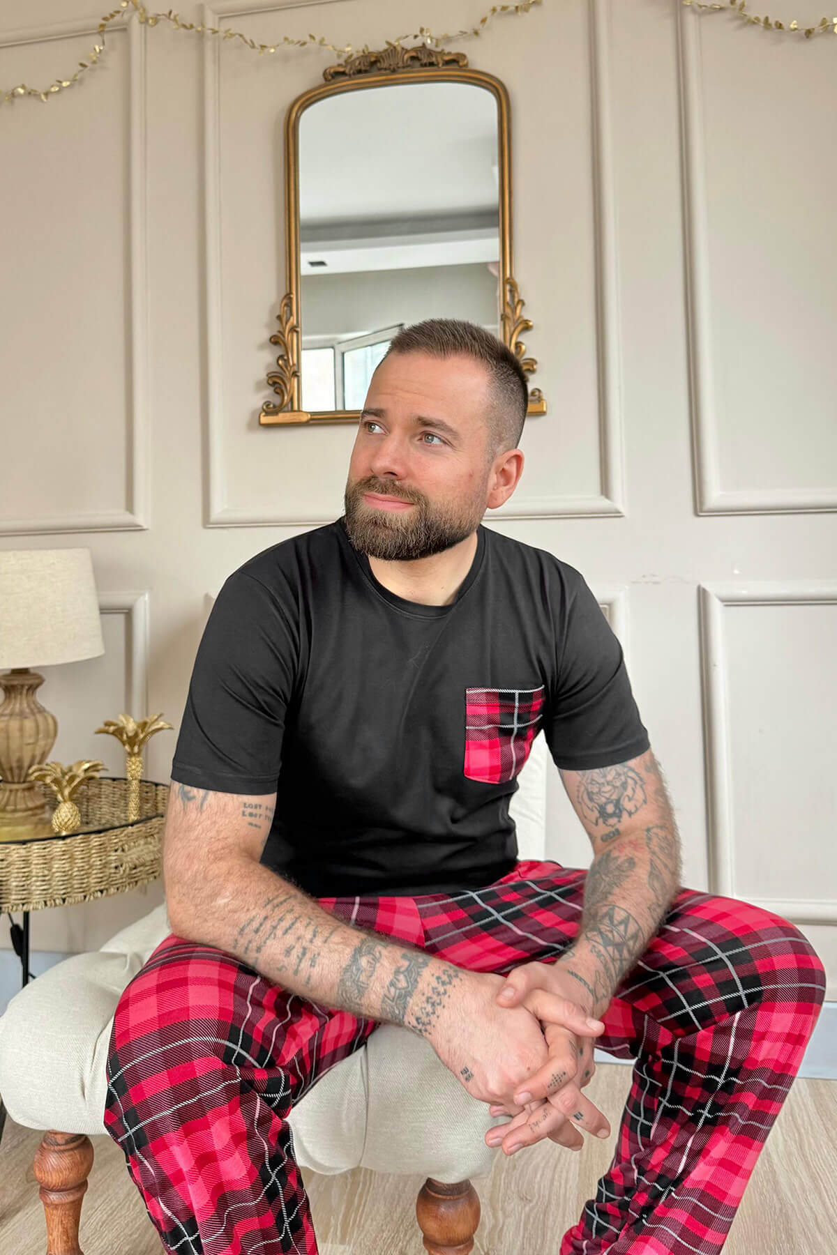 Pijamaevi-Red Black Plaid Pocket Detail Short Sleeve Men's Pajama Set 4