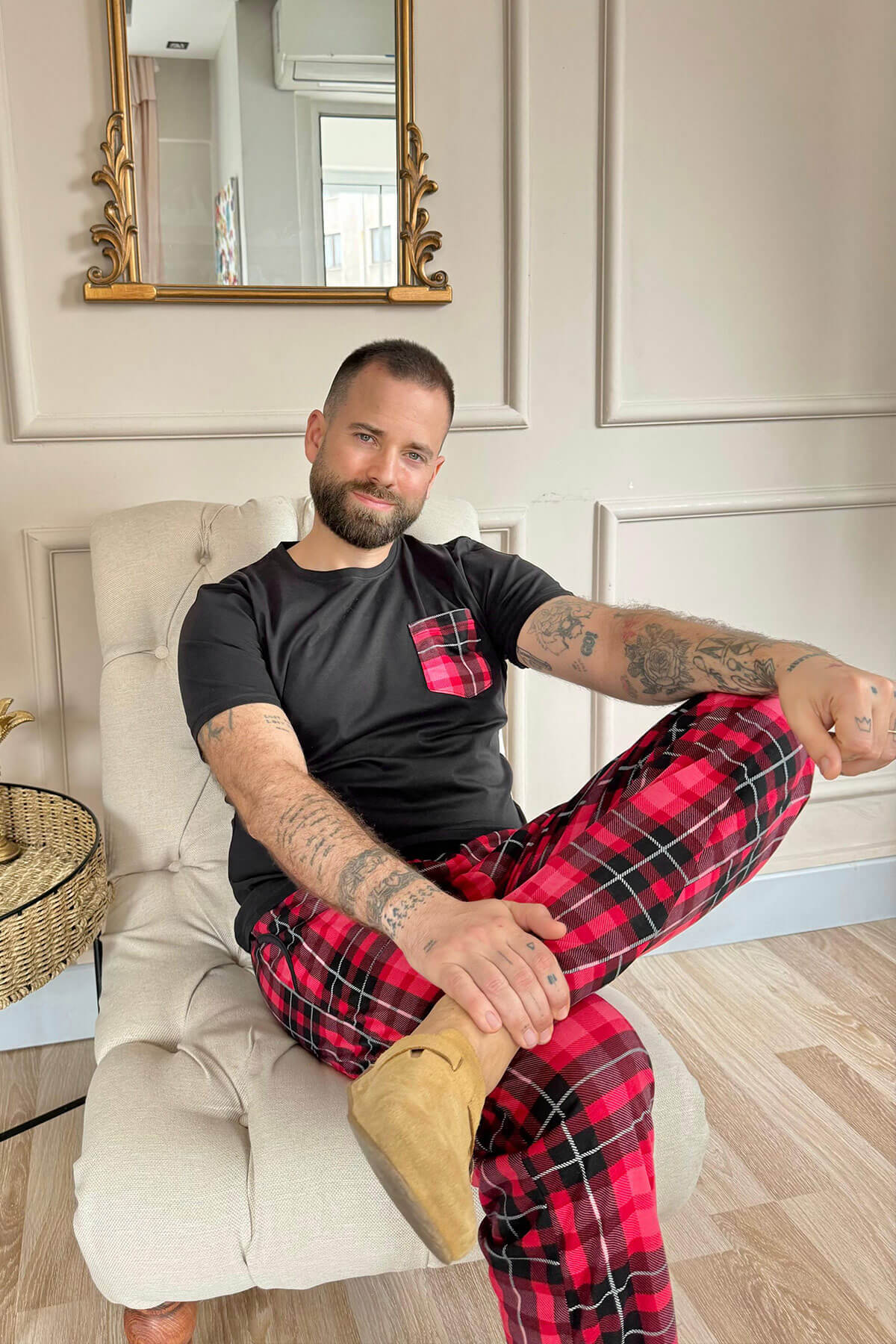 Pijamaevi-Red Black Plaid Pocket Detail Short Sleeve Men's Pajama Set 3