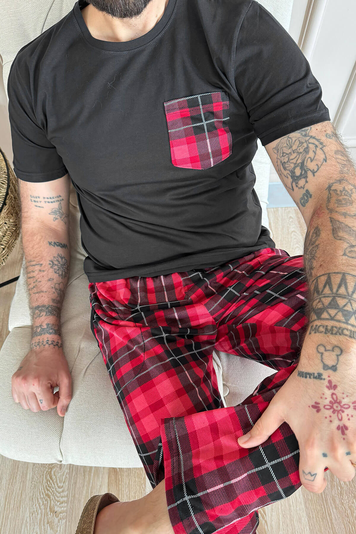 Pijamaevi-Red Black Plaid Pocket Detail Short Sleeve Men's Pajama Set 5