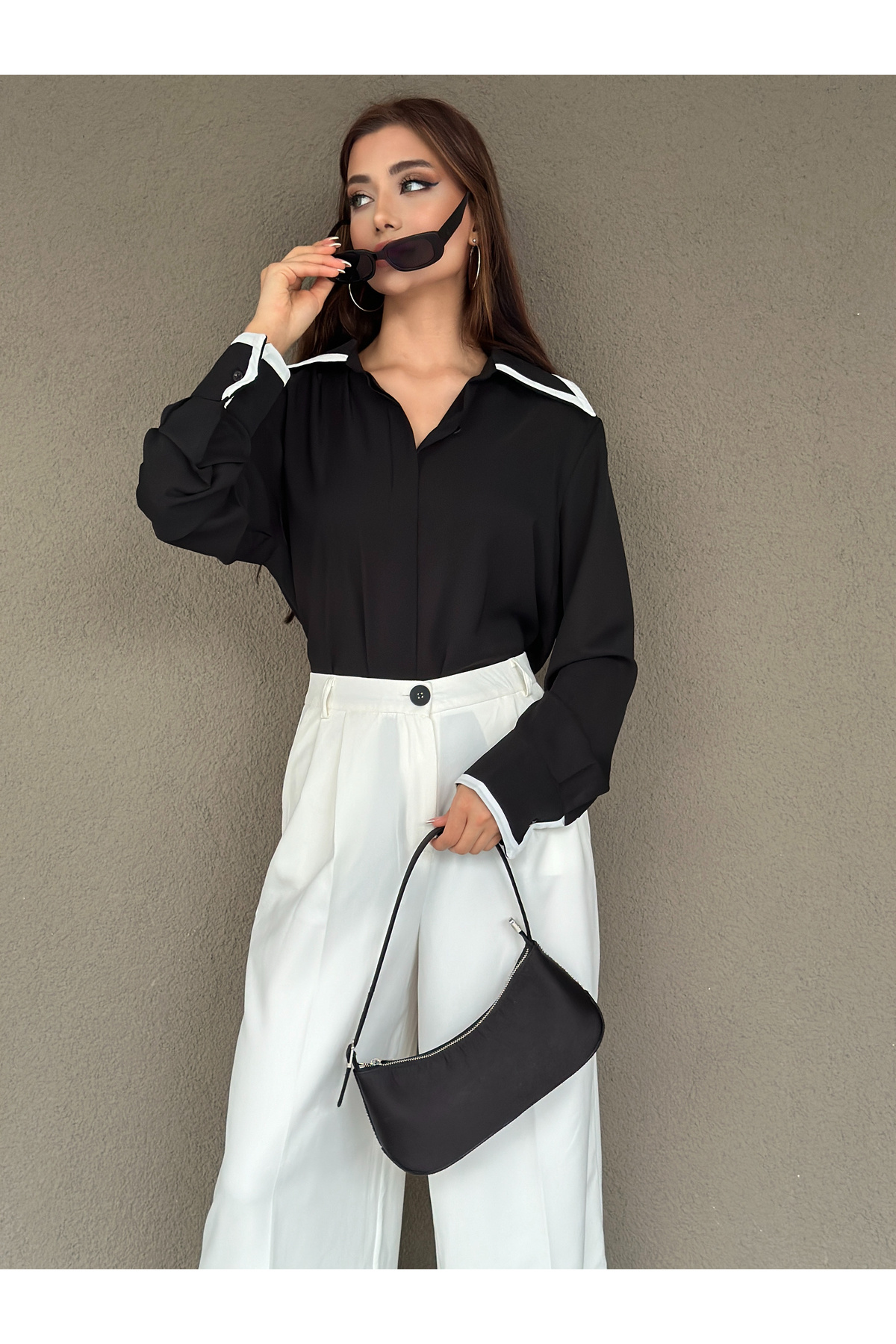 blue ashley  Oversize İki İplik Garnili Siyah-Beyaz Jessica Gömlek - Görsel 3