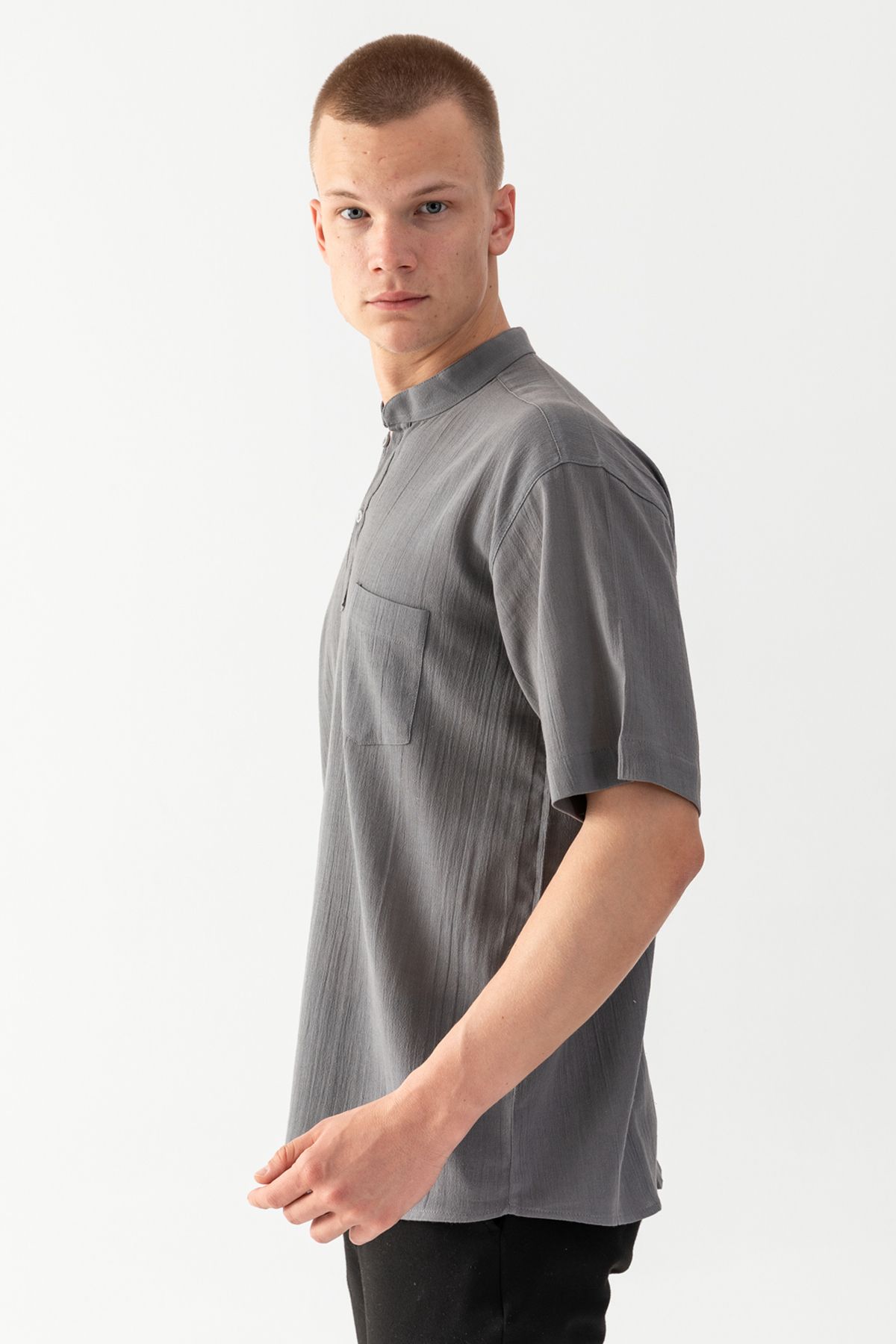 EtkiModa-Tricou pentru bărbați afumat, 100% bumbac, țesut cu guler predominant, cu mânecă scurtă, cu buzunare, cu detaliu, din material Sile 4