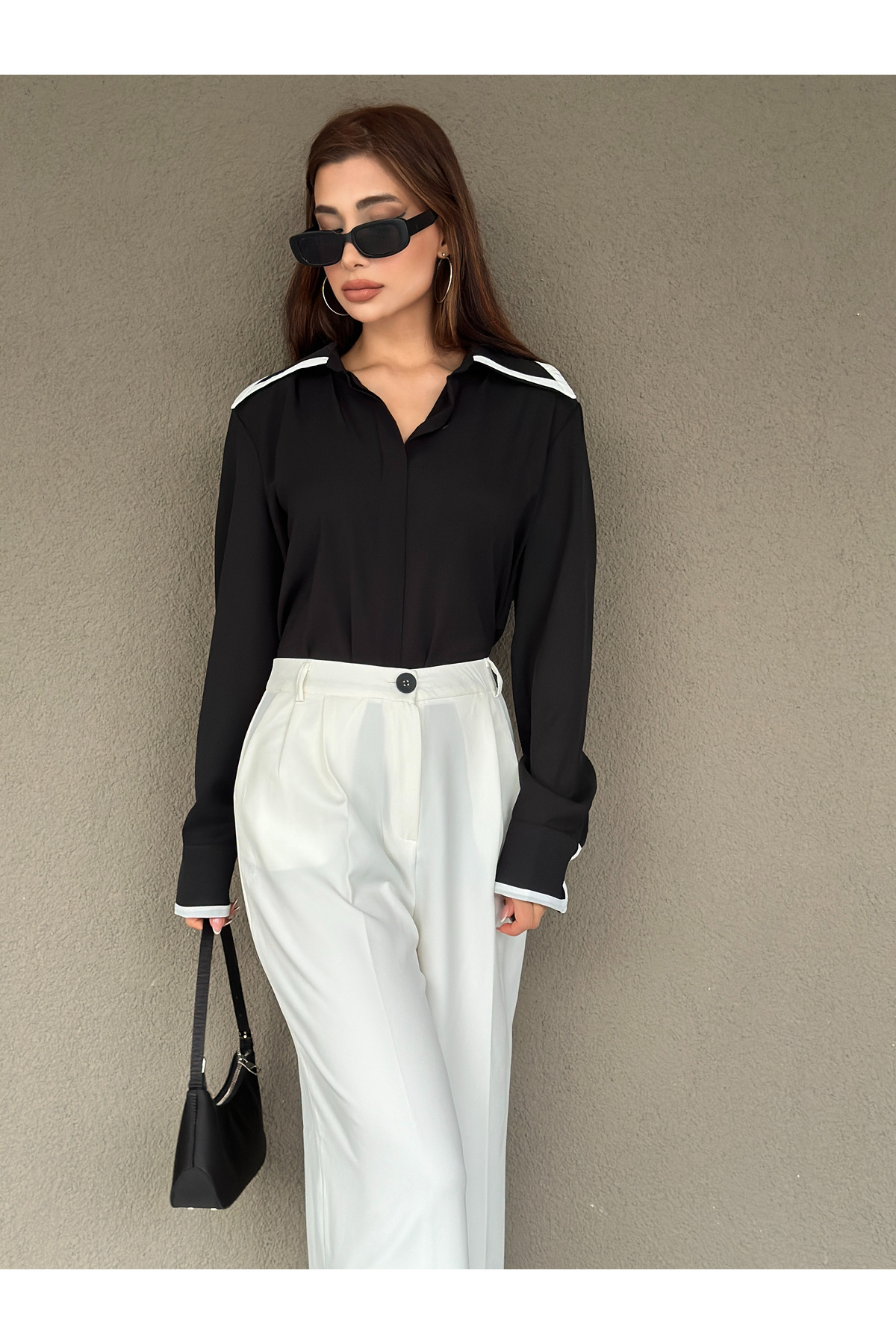 blue ashley  Oversize İki İplik Garnili Siyah-Beyaz Jessica Gömlek - Görsel 2