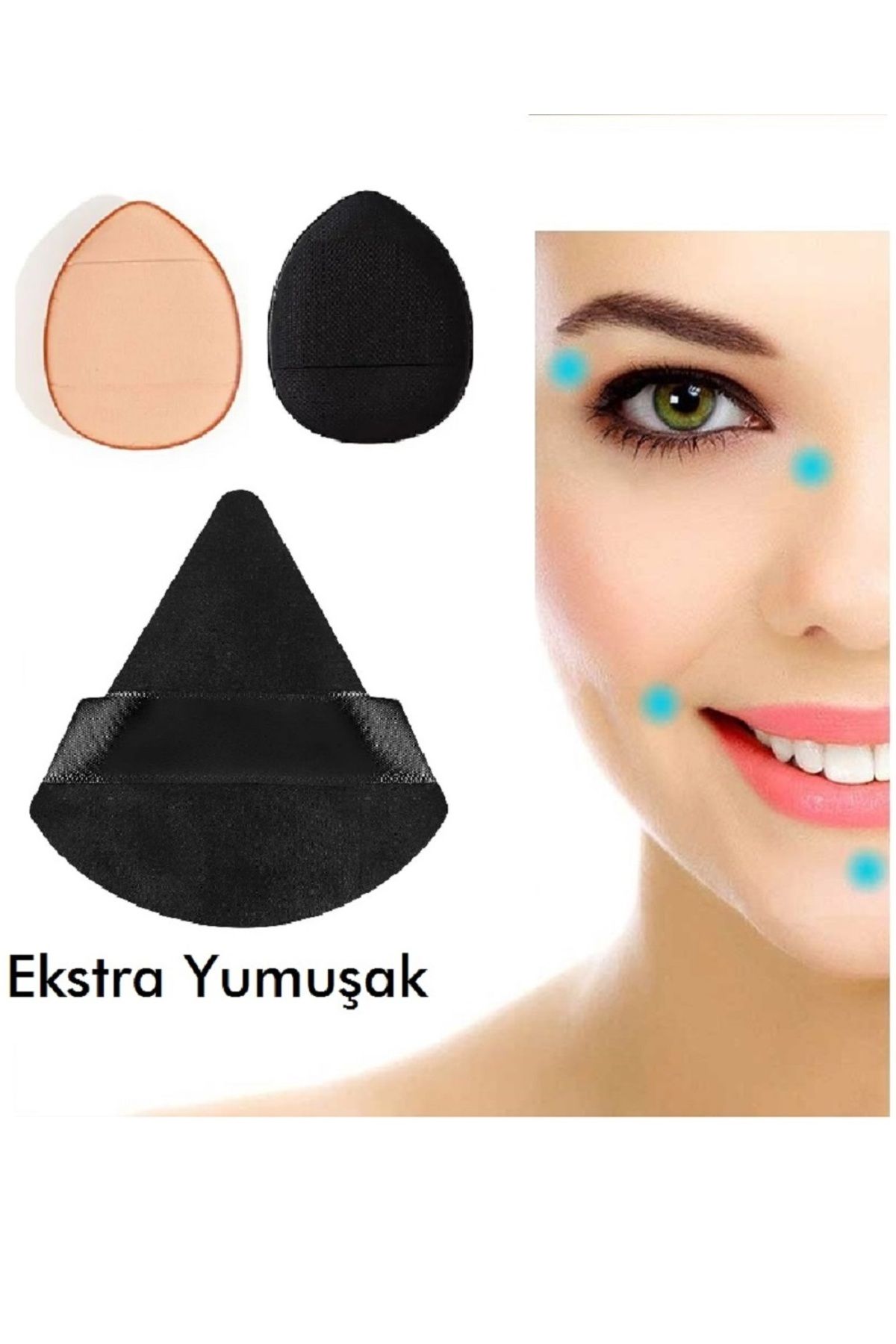 2 Adet Mini Ve 1 Adet Üçgen Kozmetik Puf Parmak Yüz Makyaj Göz Altı Kapatıcı Kuru Islak Bez Süngeri