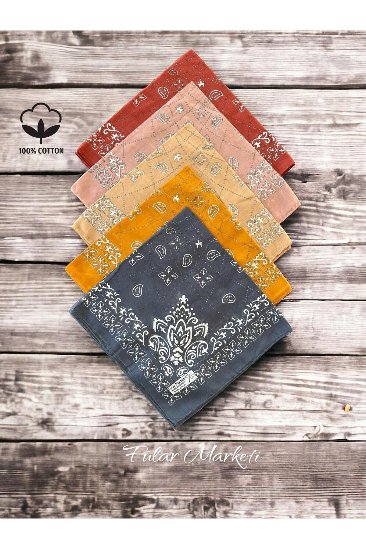 %100 Pamuk Etnik Elegance Modeli 5'li Bandana Seti Gülkurusu-pudra- Sütlü K. -hardal- Antrasit
