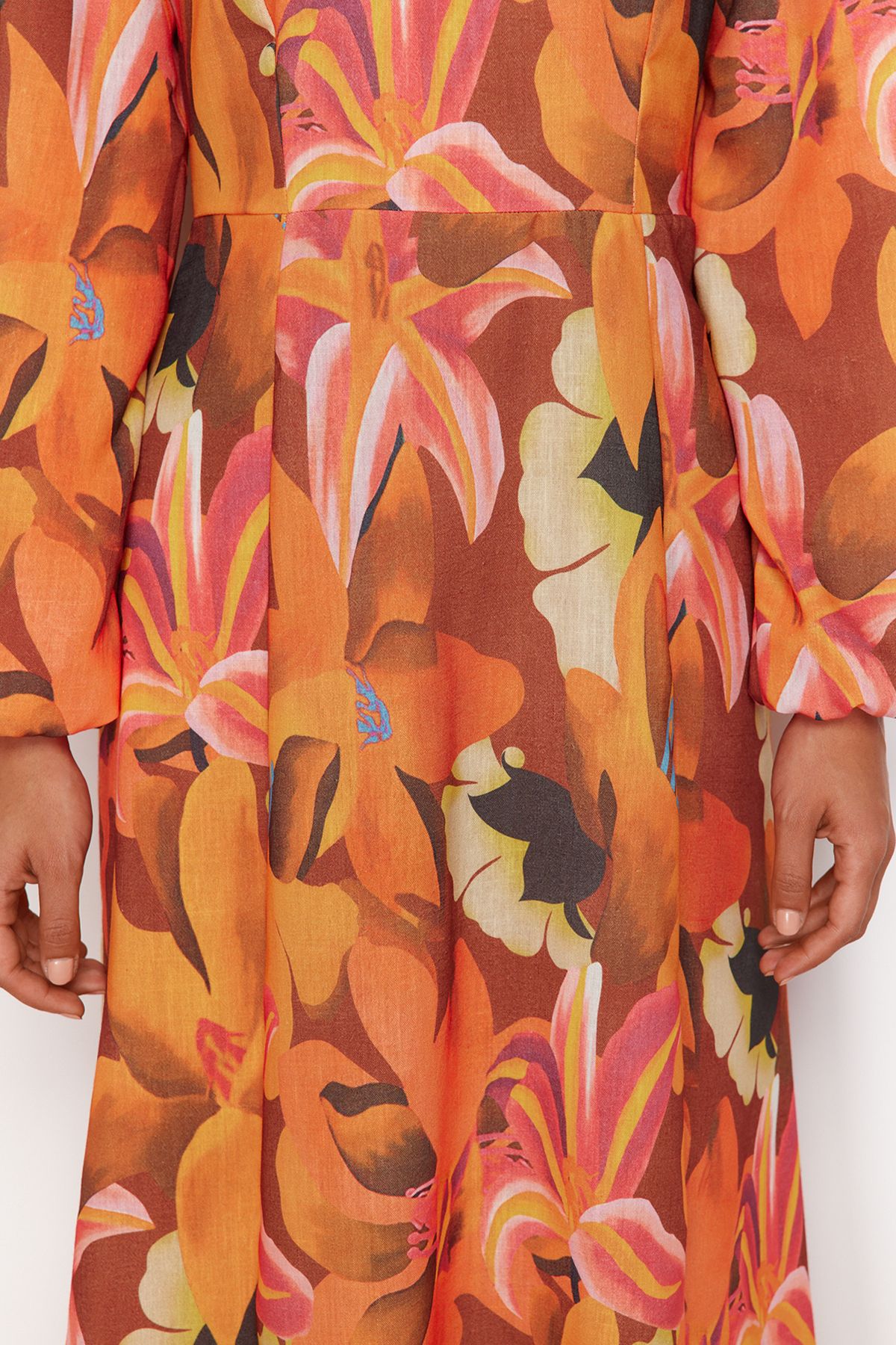 Trendyol Modest-Narancssárga virágmintás szőtt lenvászon ruha TCTSS24EB00102 5