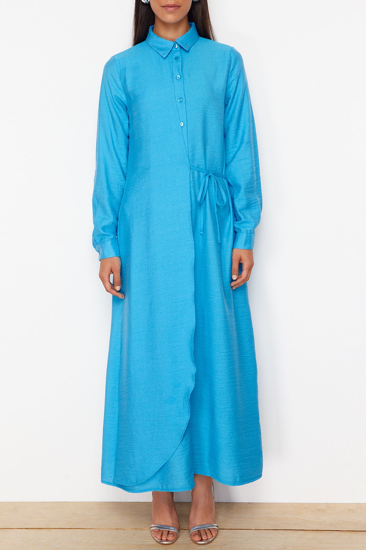 Trendyol Modest-Cămașă țesătă cu nasturi cu cravată laterală turcoaz Rochie cu aspect de in TCTSS22EB0025 4