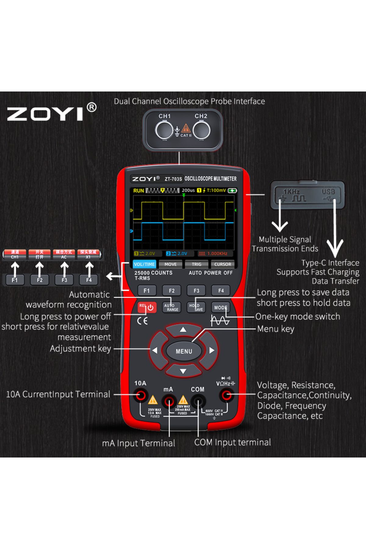 ZOYI-ZT-703S 3-in-1 Oscilloscope Multimeter 3.5 Inch IPS Display 25000 Counts 3
