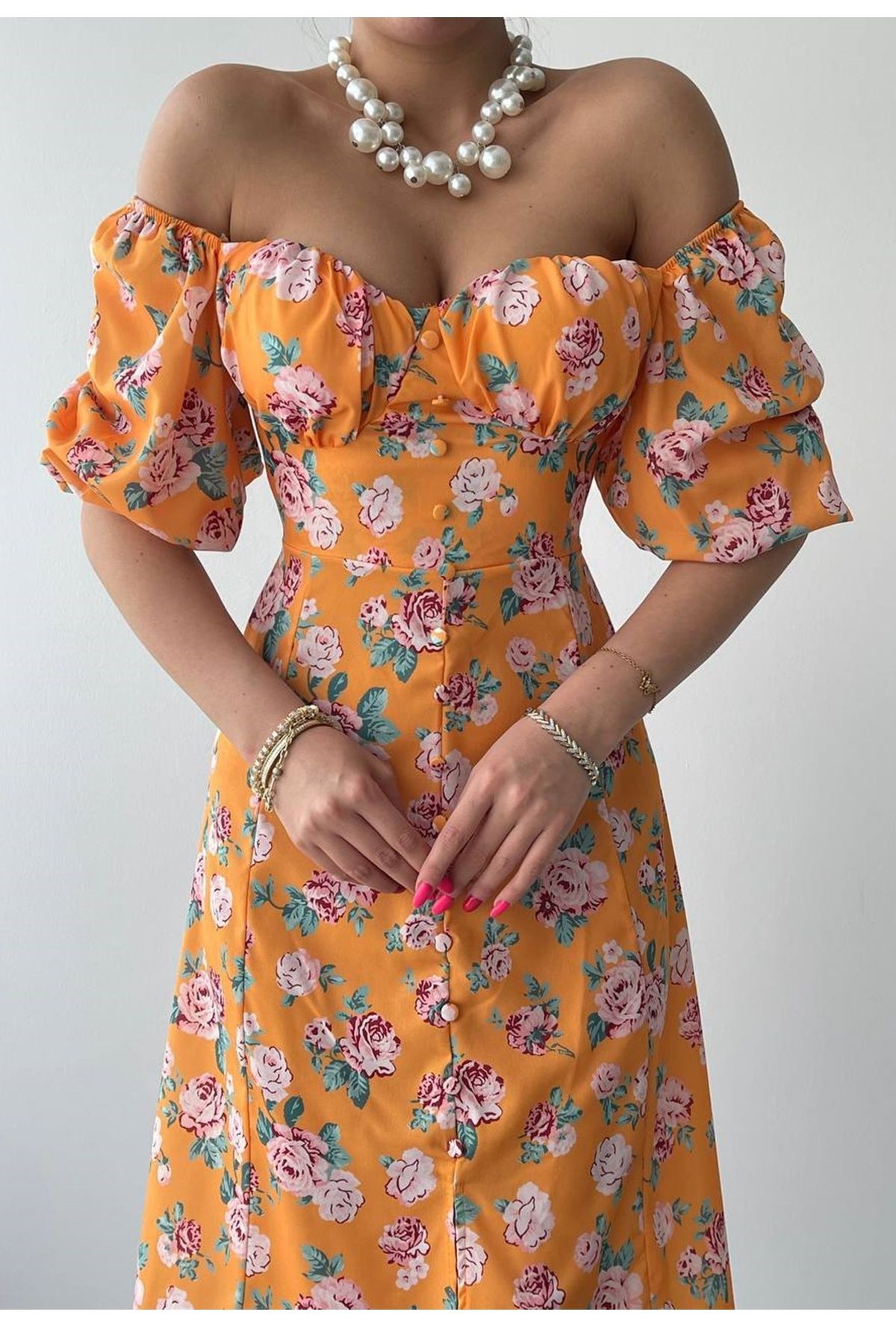 bayansepeti-Πορτοκαλί floral print ύφασμα με κουμπί και λεπτομέρεια με σχισμή Πριγκίπισσα μανίκι Midi φόρεμα 255 5