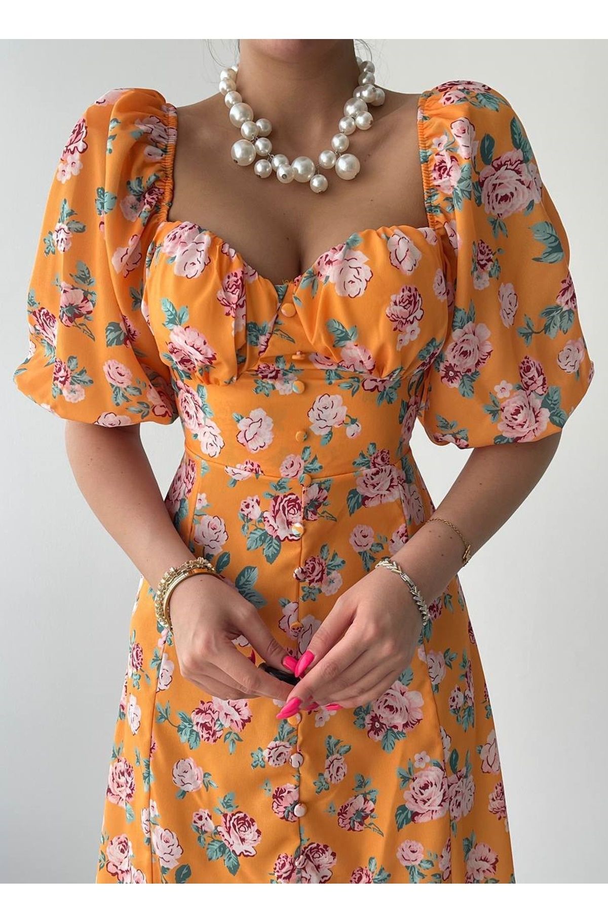 bayansepeti-Πορτοκαλί floral print ύφασμα με κουμπί και λεπτομέρεια με σχισμή Πριγκίπισσα μανίκι Midi φόρεμα 255 2