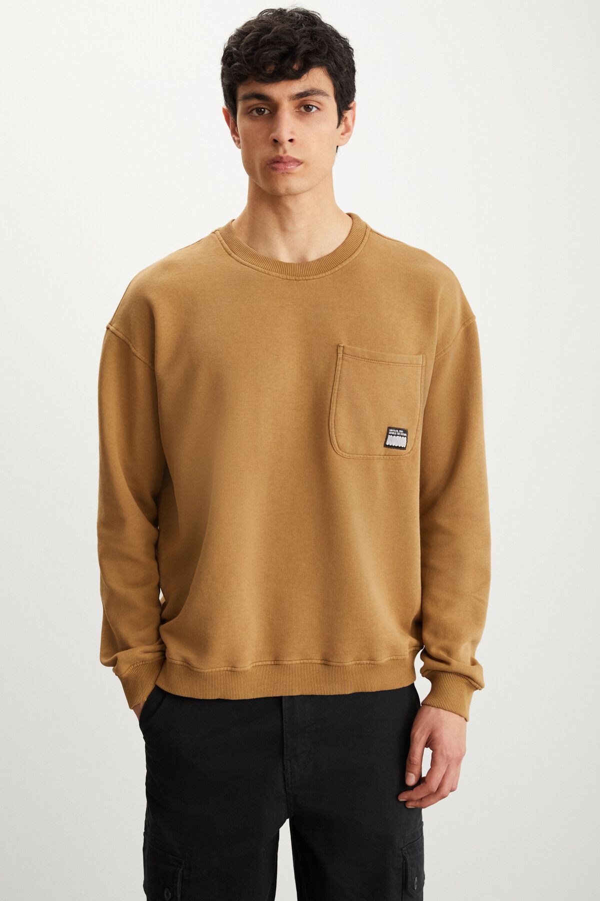 GRIMELANGE Hanorac Pentru Bărbați, Cu Buzunar Cu Efect Decolorat Și Etichetă Ornamentală, Oversized Fit Kaki Masculin - M