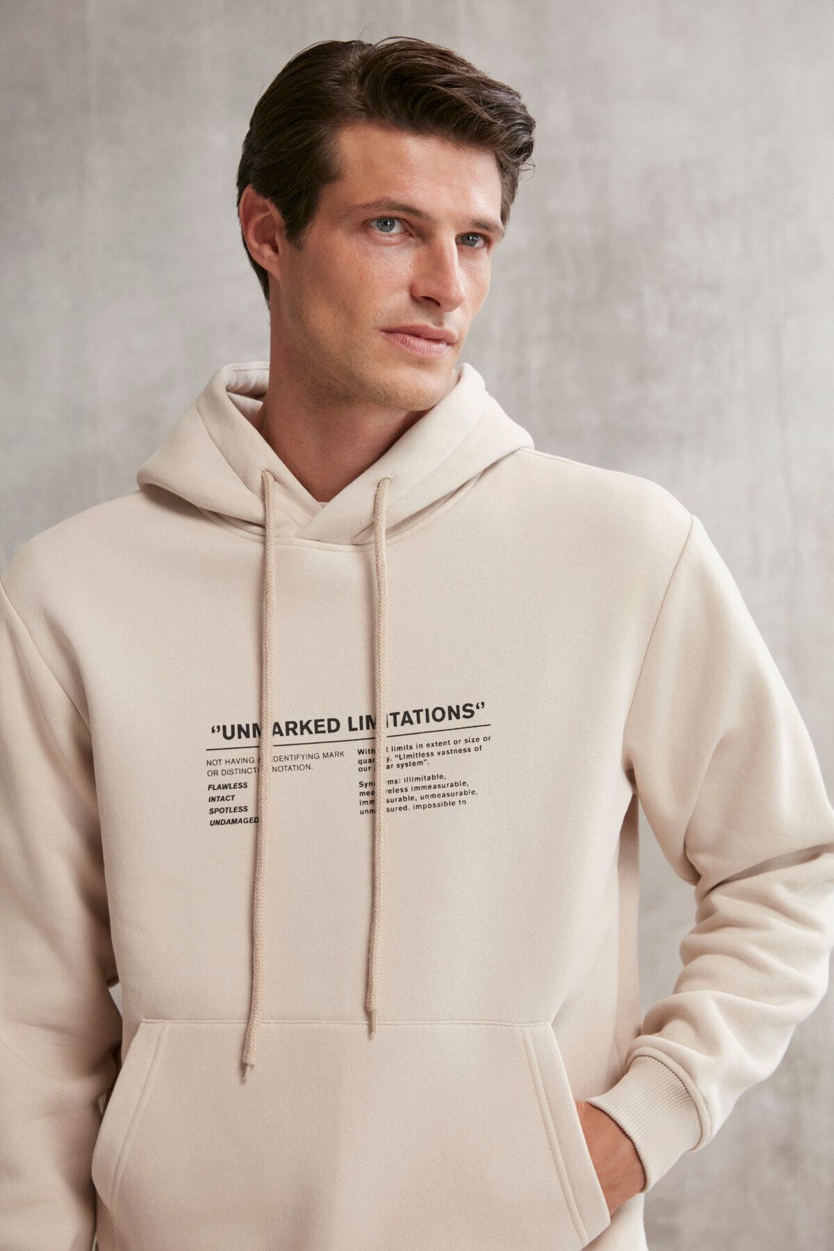 GRIMELANGE Hamilton Men s Hooded Kangaroo Pocket Inside Fleece Print Detailed Mink Sweatshirt Trendyol