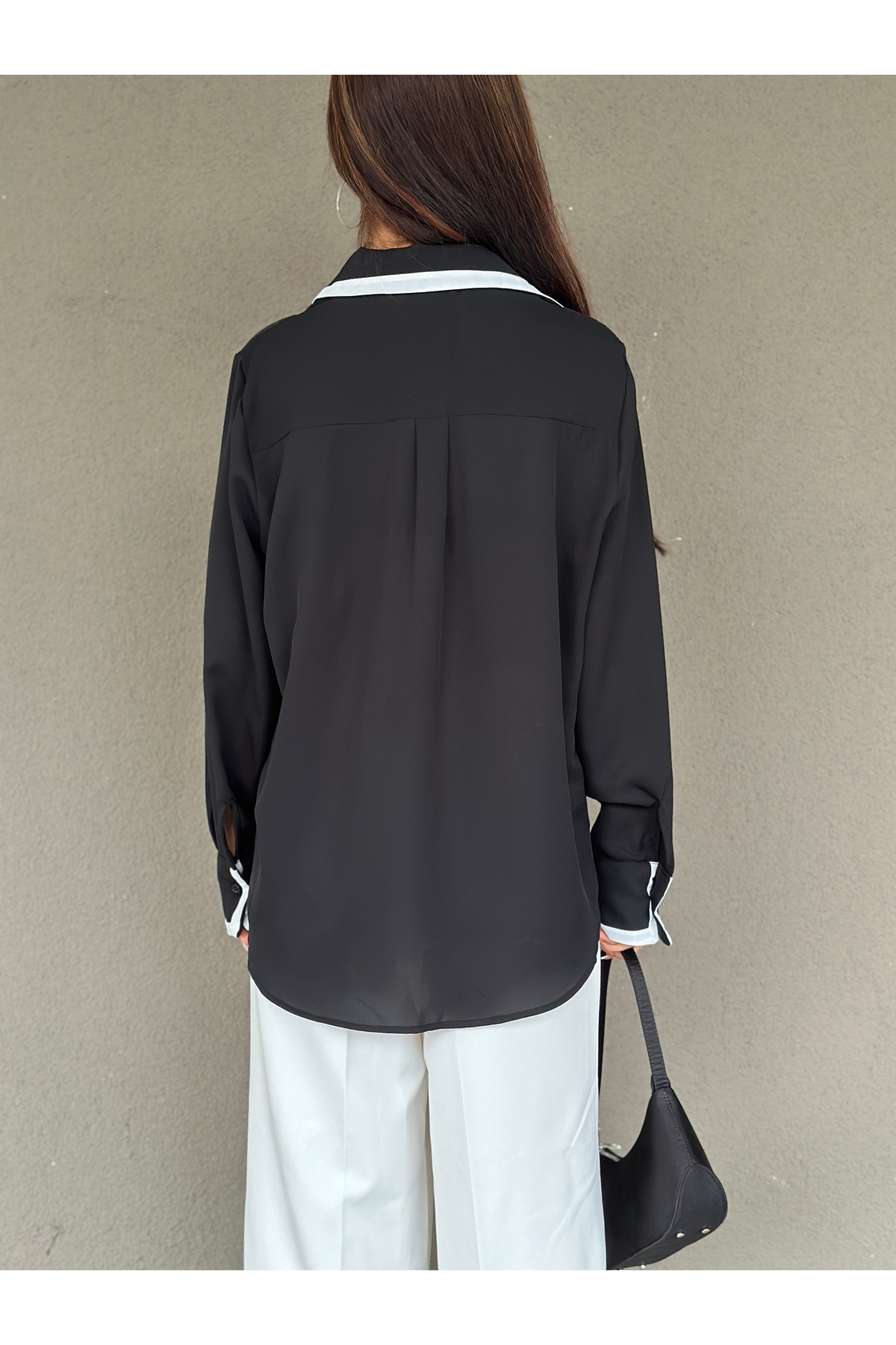 blue ashley  Oversize İki İplik Garnili Siyah-Beyaz Jessica Gömlek - Görsel 7