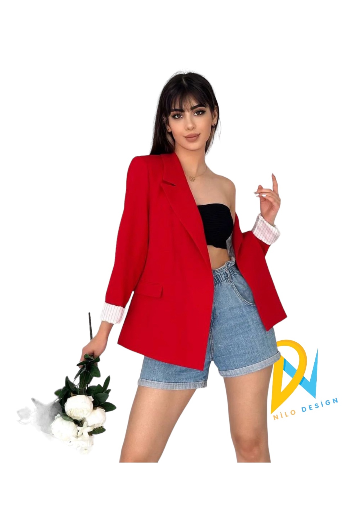 Kadın Blazer Düğmesiz Cepli Çizgili Astarlı Katlanılabilir Kol Blazer Ceket