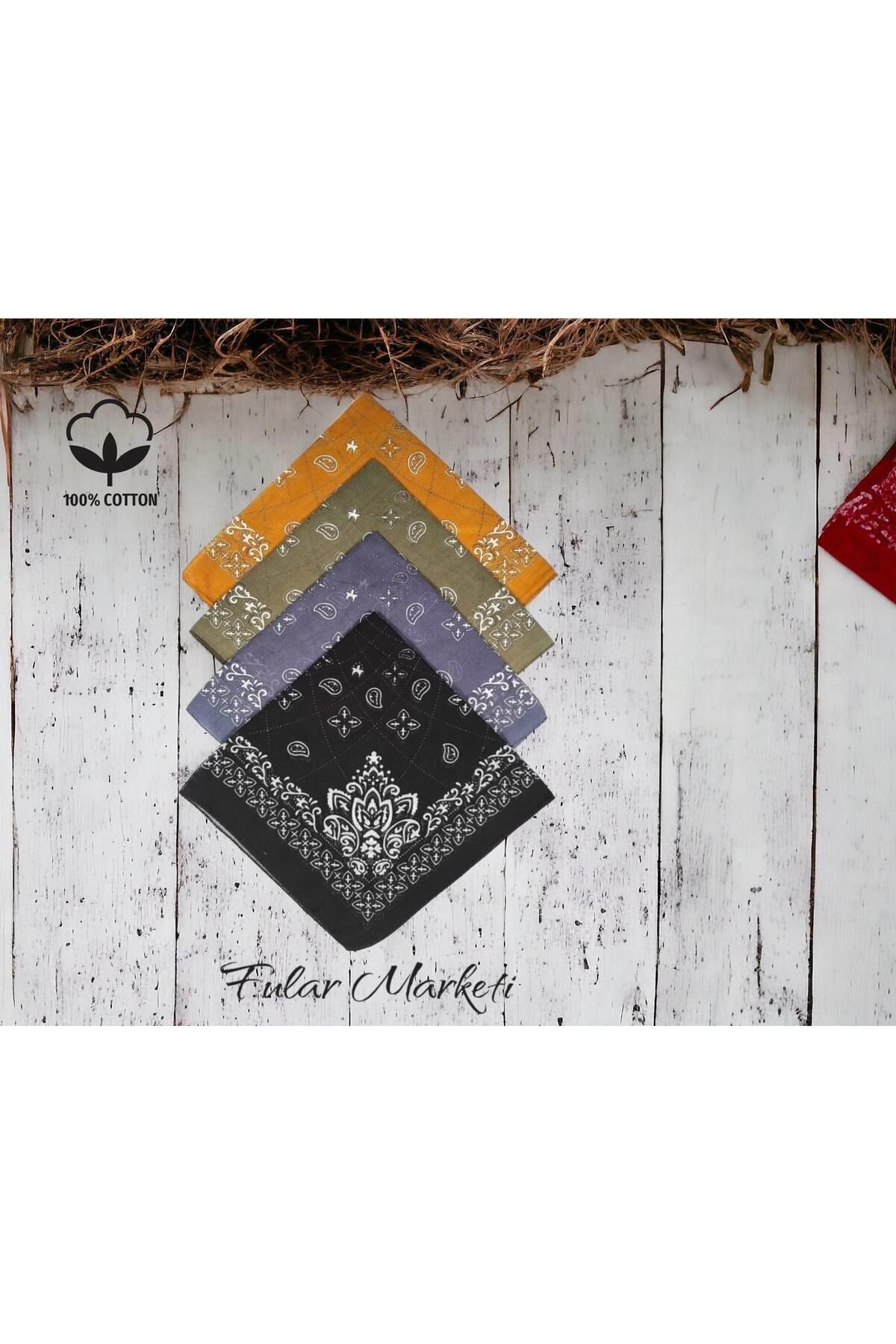 %100 Pamuk Elegance Desenli Bandana 4 Adet 4eha Hardal Haki Antrasit Siyah 2