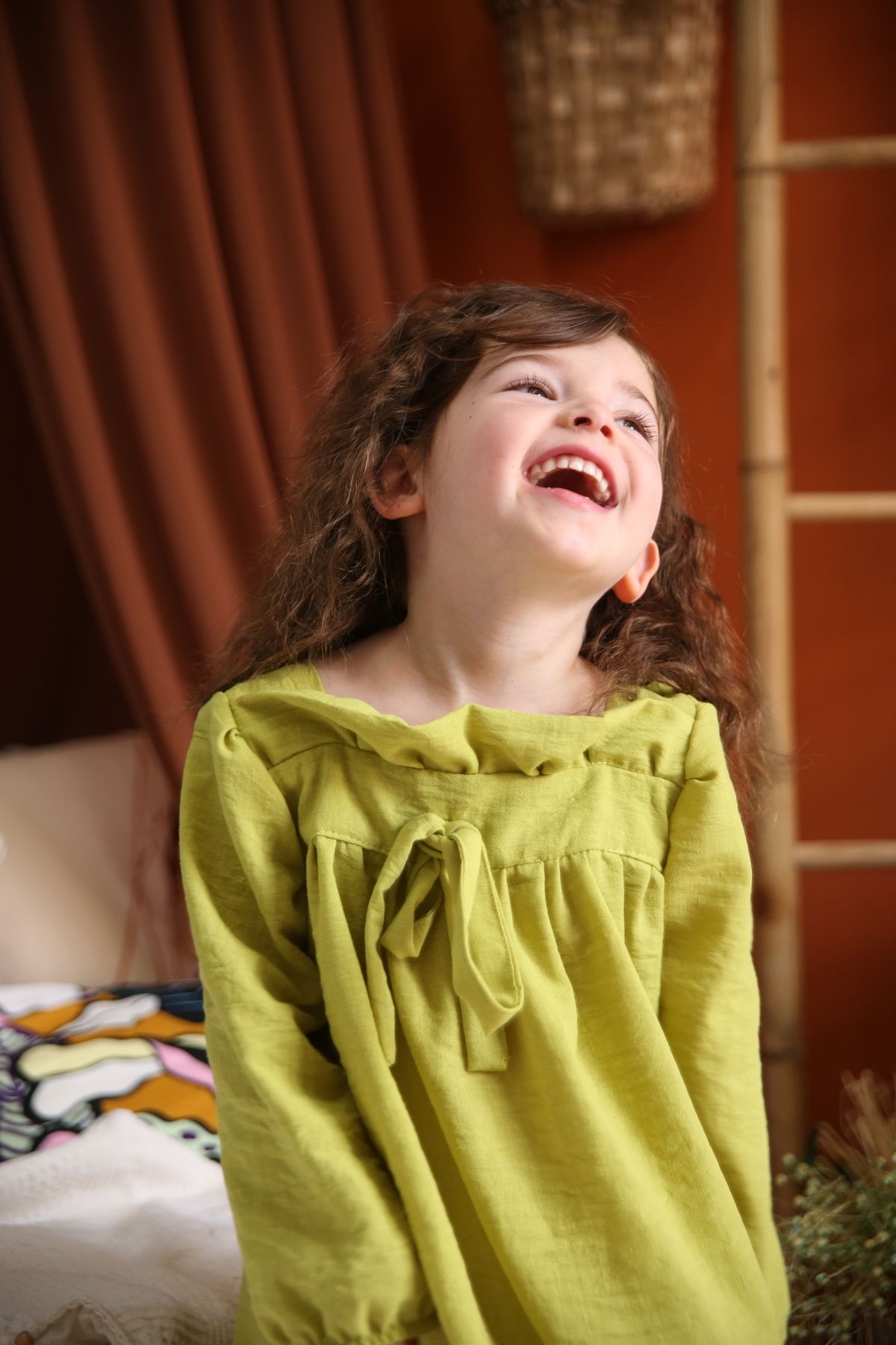 Melly Melly Yeşil Keten Kız Çocuk Elbise Yazlık