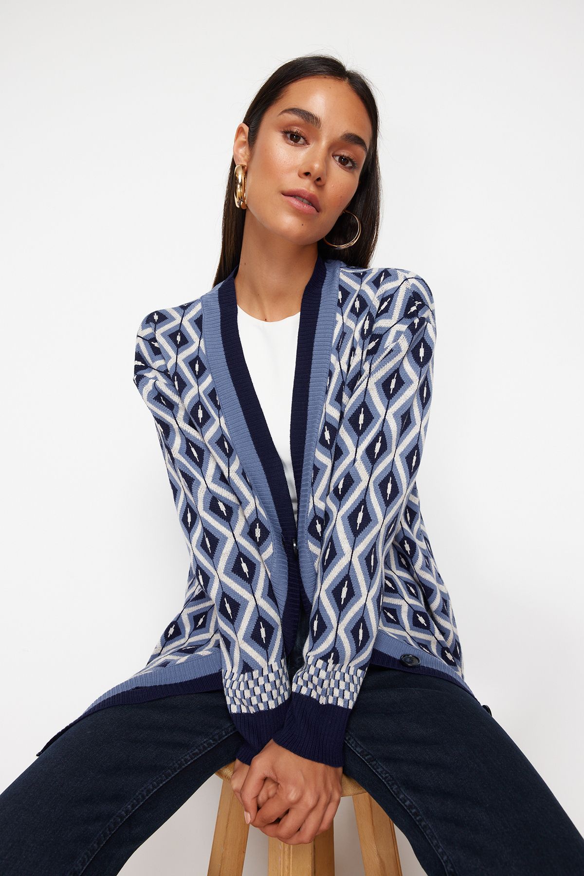 Trendyol Modest-Granatowy, żakardowy sweter z guzikami, szczegółowy, dzianinowy kardigan TCTAW22TH0013 2