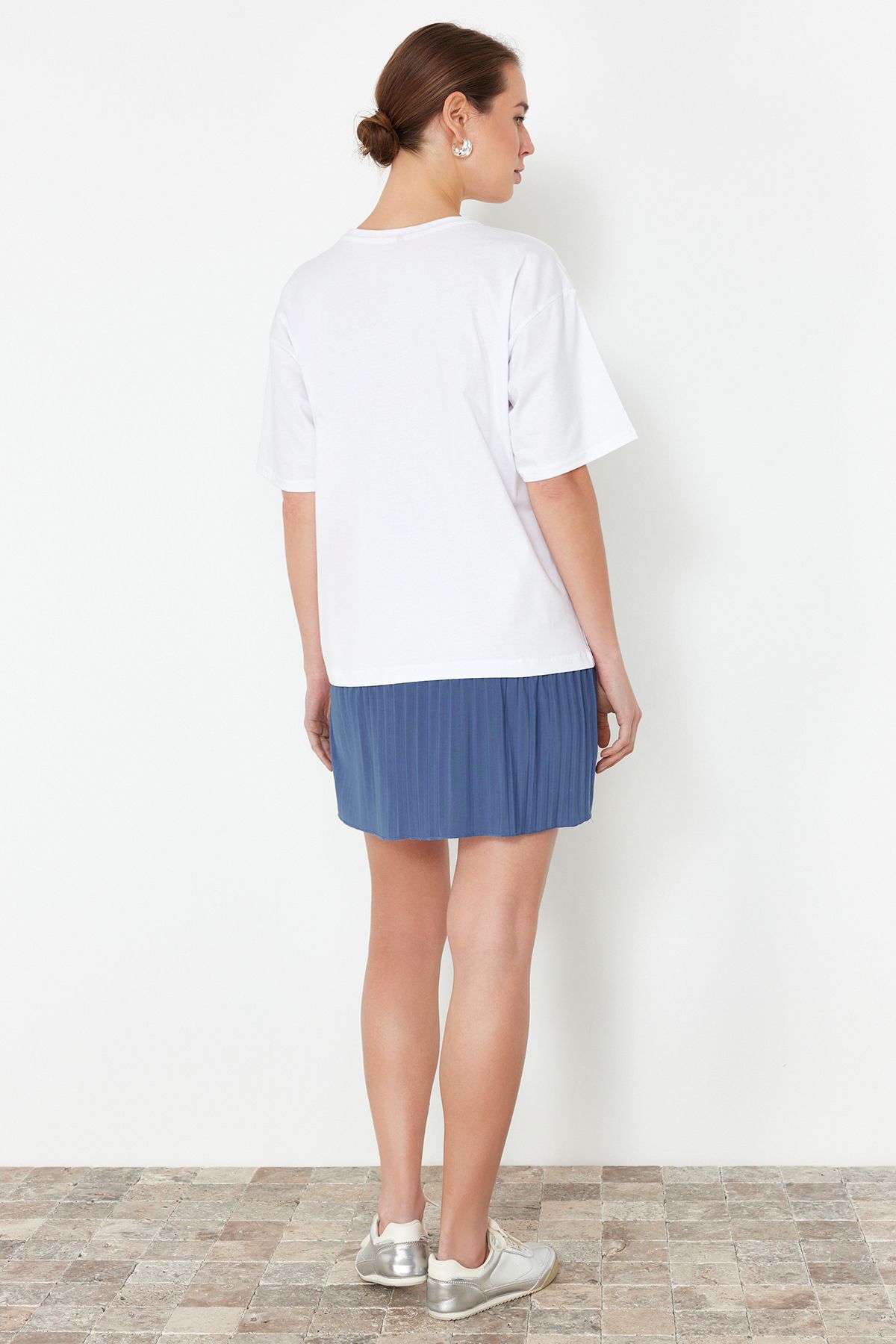 Trendyol Collection-Λευκή Μπλοκ Φούστα Πλισέ Μίνι Πλεκτό Φόρεμα TWOSS24EL00882 6