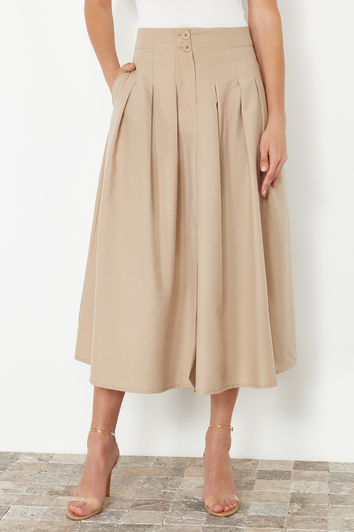 Trendyolmilla  Bej Pile Detaylı Önden Yırtmaçlı Midi Boy Dokuma Etek TWOSS24ET00169 - Görsel 2