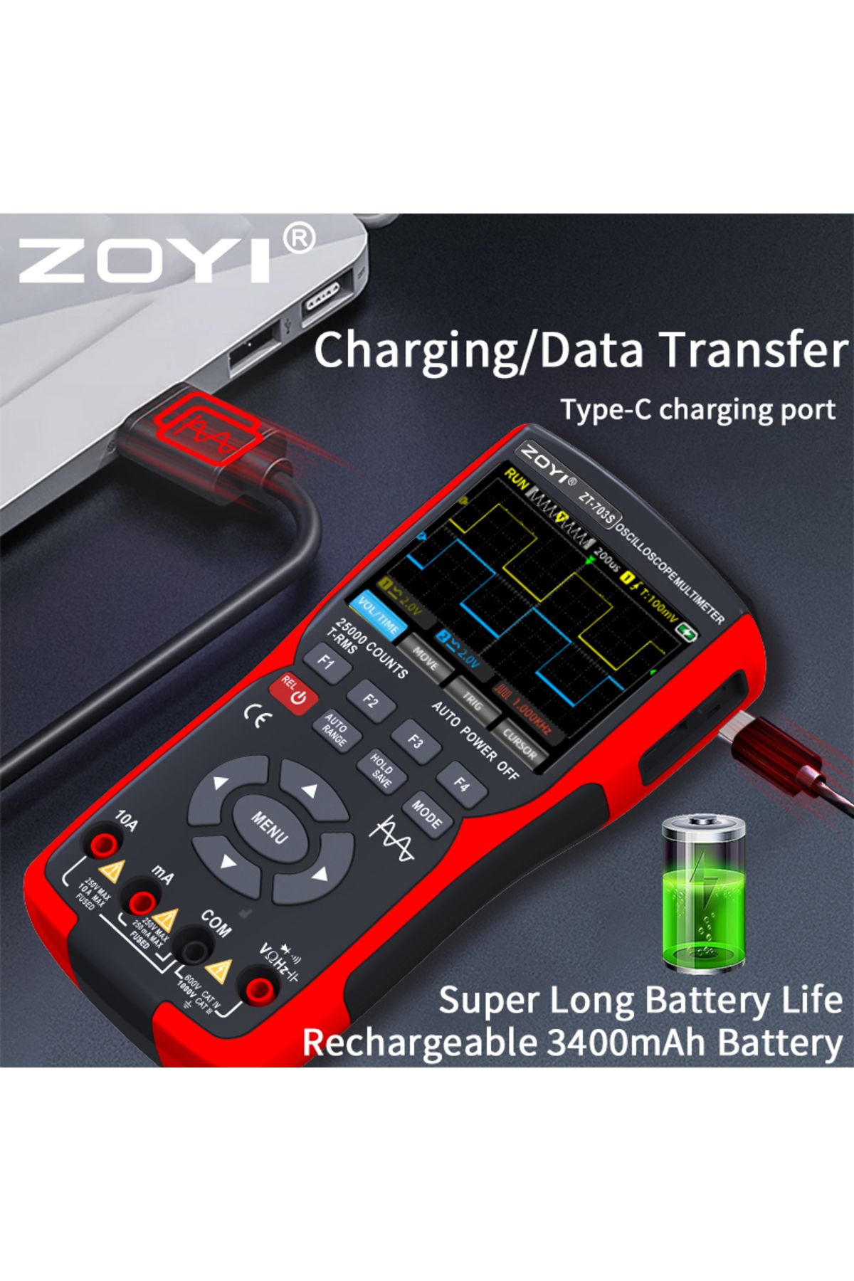 ZOYI-ZT-703S 3-in-1 Oscilloscope Multimeter 3.5 Inch IPS Display 25000 Counts 5
