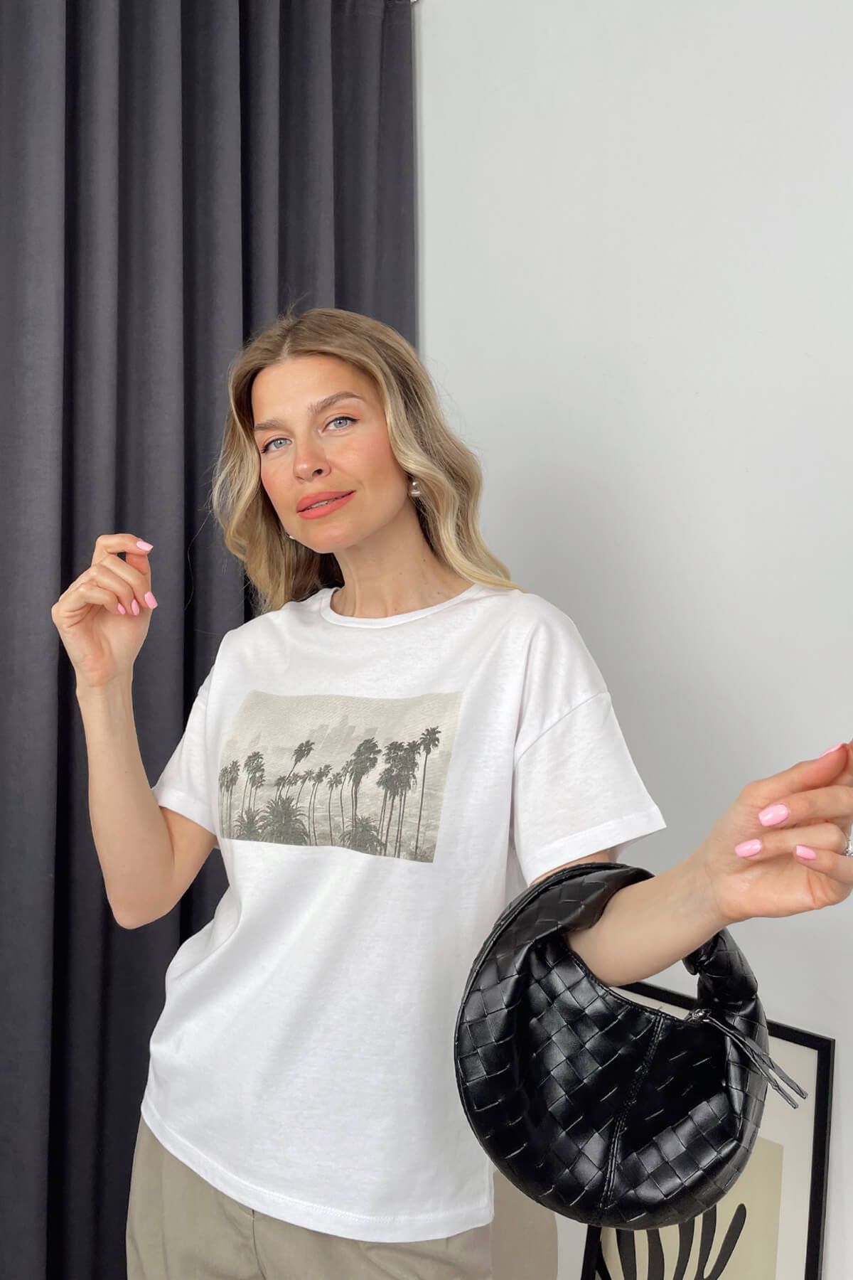 Sue Store-White Palm Printed Oversize T-Shirt 4