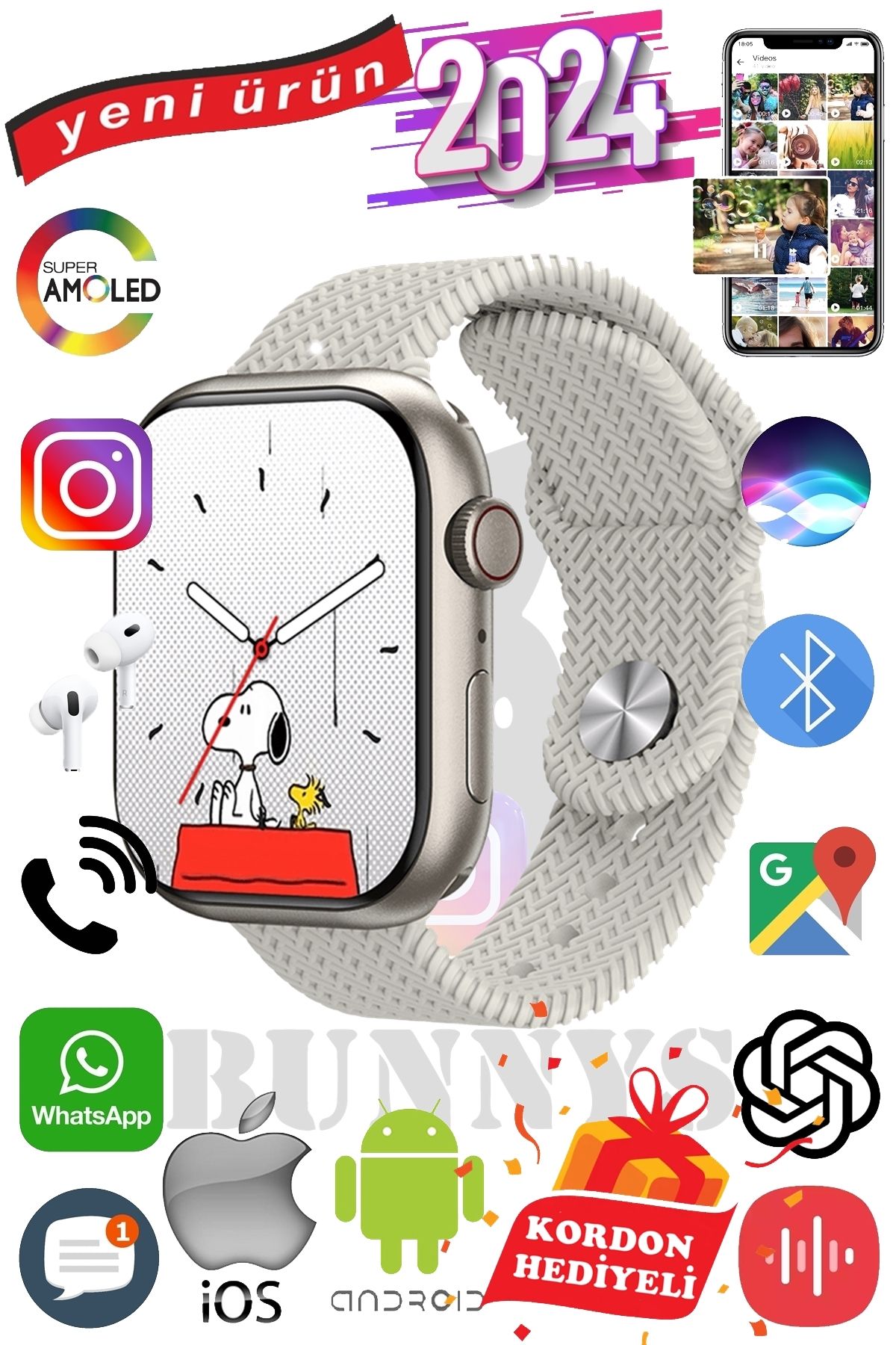 Bunnys Apple iPhone 13 mini Uyumlu Akıllı Saat Watch 9 Max+2024 45mm ...