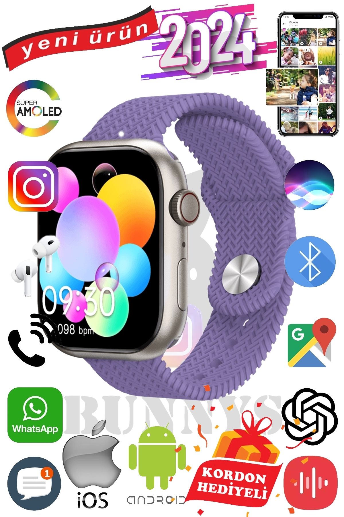 Bunnys Samsung Galaxy A10 Uyumlu Ak ll Saat Watch 9 Max 2024 45mm Kordon Hediyeli Amoled Ekran Giyilebilir Teknoloji