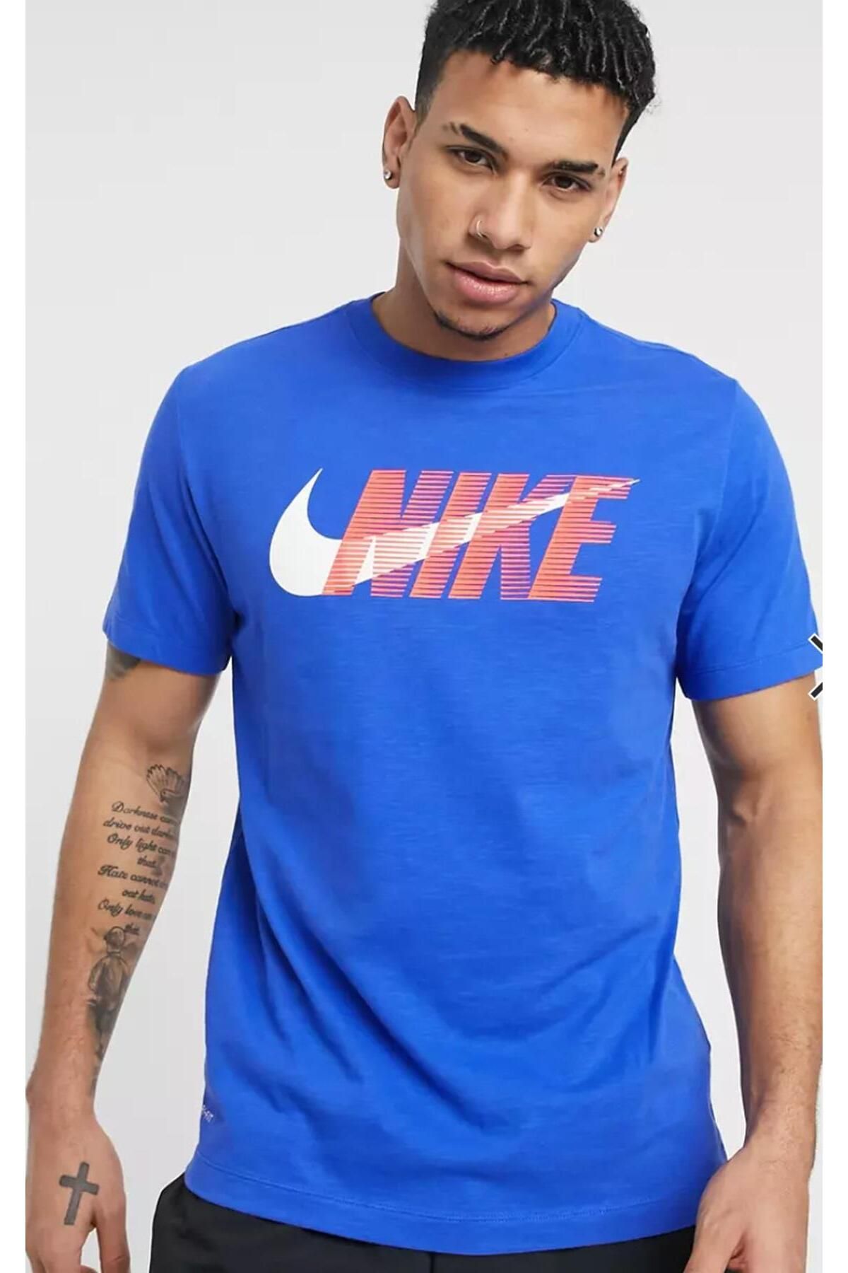 Nike Training Cotton Tee Buyuk Cift Logolu K sa Kollu Pamuklu Mavi Erkek Ti ortu Erkek Giyim