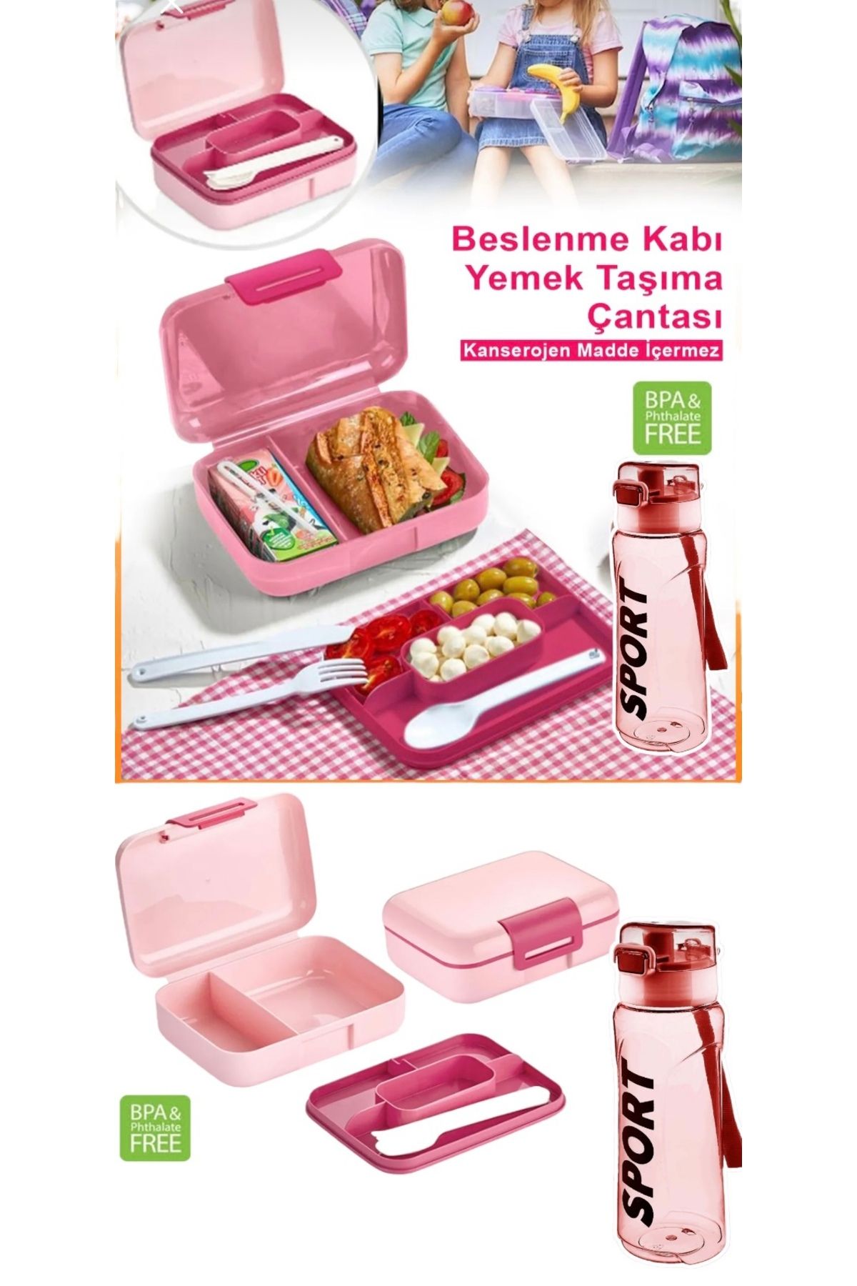 Bayev-Set of 2 Water Bottle and Pink Self-Spounded 5-Compartment 2-Layer Lunch Box and Pink Water Bottle 2