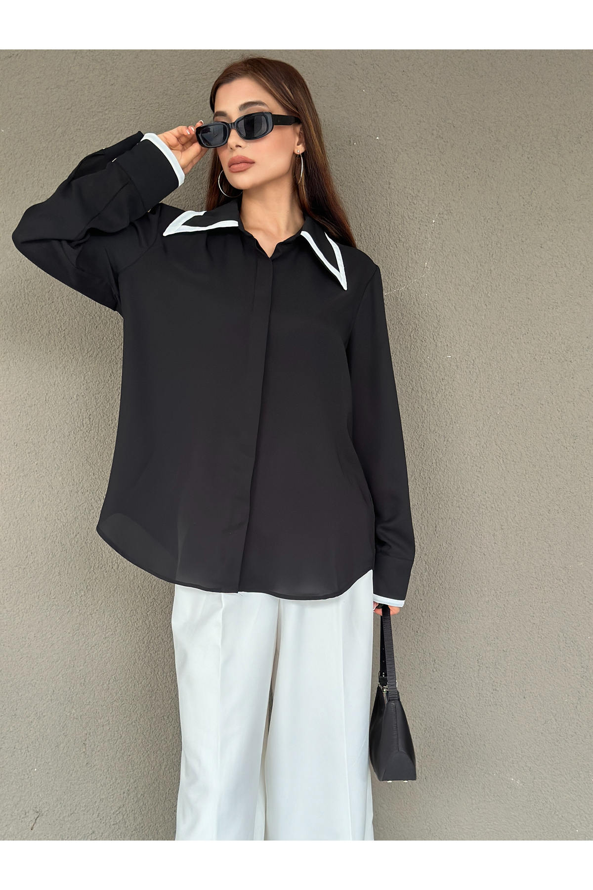 blue ashley  Oversize İki İplik Garnili Siyah-Beyaz Jessica Gömlek - Görsel 4