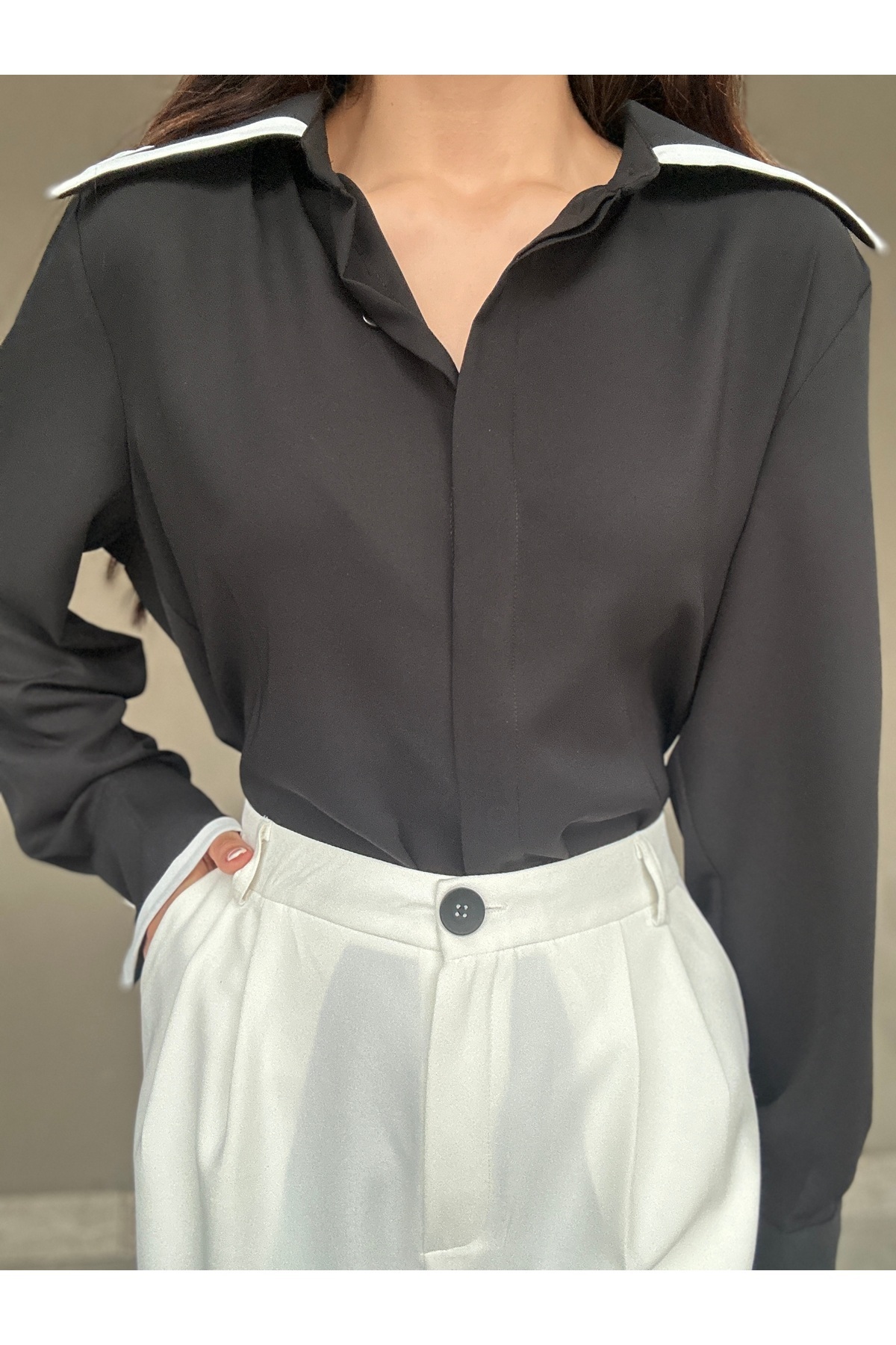 blue ashley  Oversize İki İplik Garnili Siyah-Beyaz Jessica Gömlek - Görsel 5