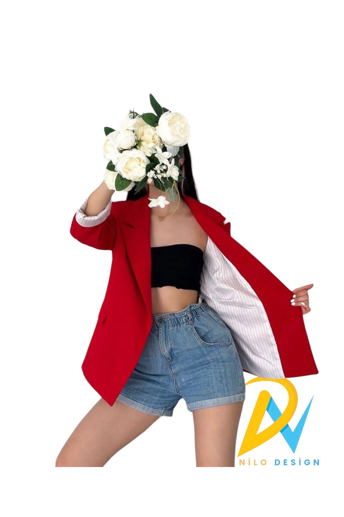 Kadın Blazer Düğmesiz Cepli Çizgili Astarlı Katlanılabilir Kol Blazer Ceket