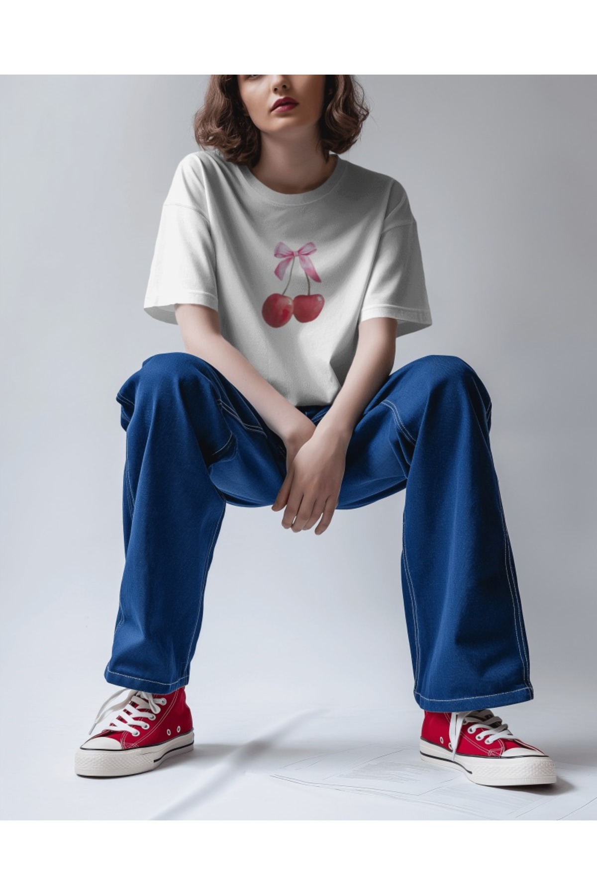 Women's Cherry-Cherry Printed 100% Cotton Short Sleeve Oversize White T-shirt