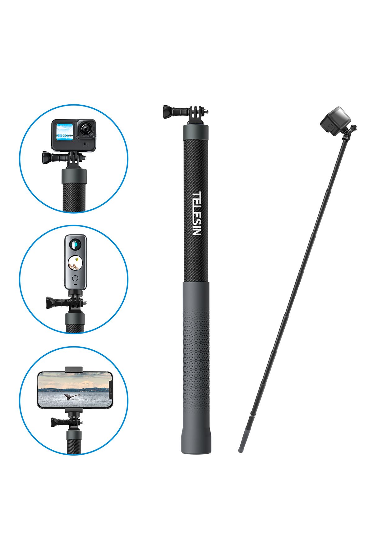 TELESIN-1.2M 3M Carbon Fiber Selfie Stick Monopod Extendable With 1/4 Screw For GoPro Insta360 Os... 2