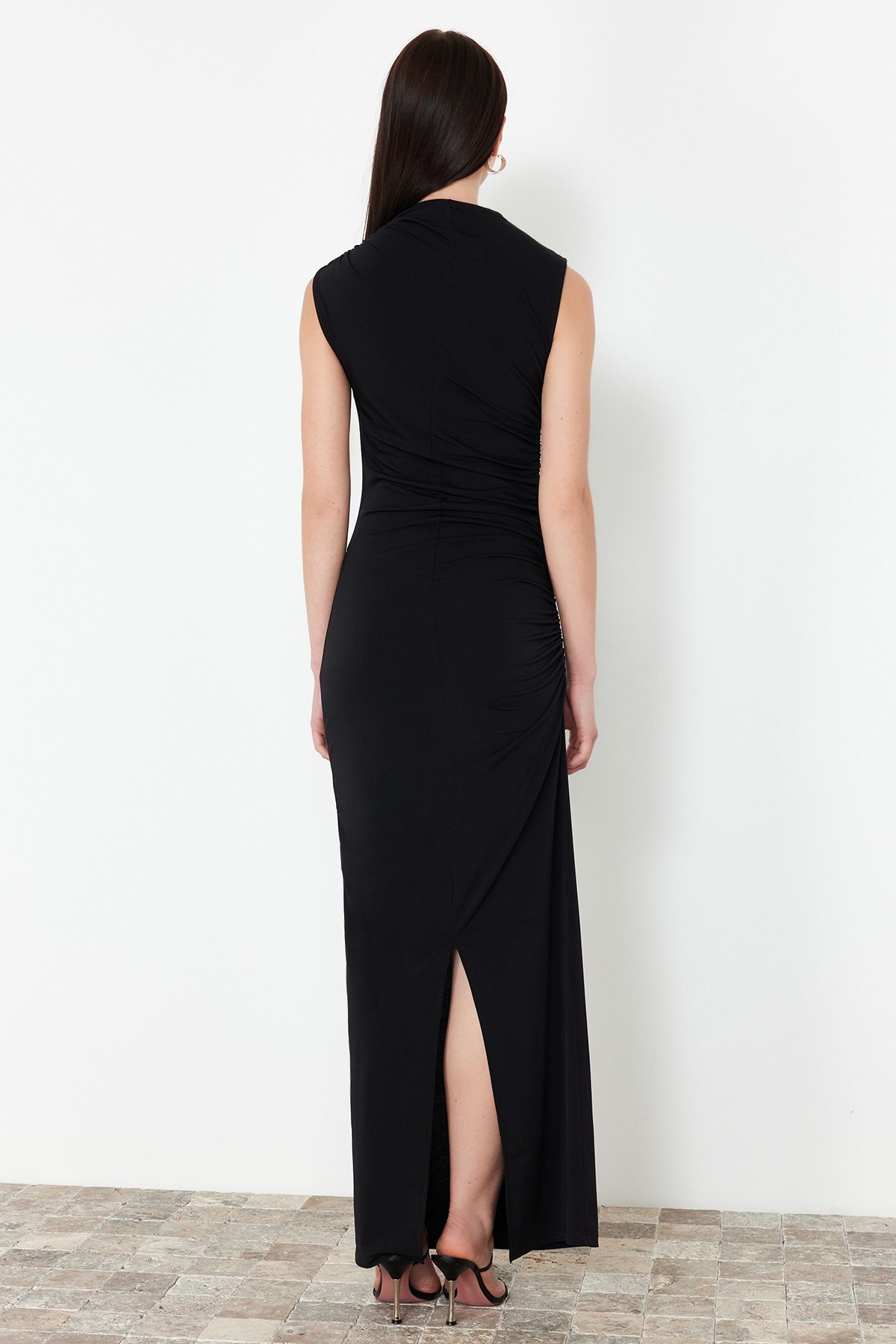 Trendyol Collection-Black Draped Fitted/Fitted Stand-up Collar Sleeveless Stretchy Knitted Maxi Pencil Dress TWOSS24EL00830 6