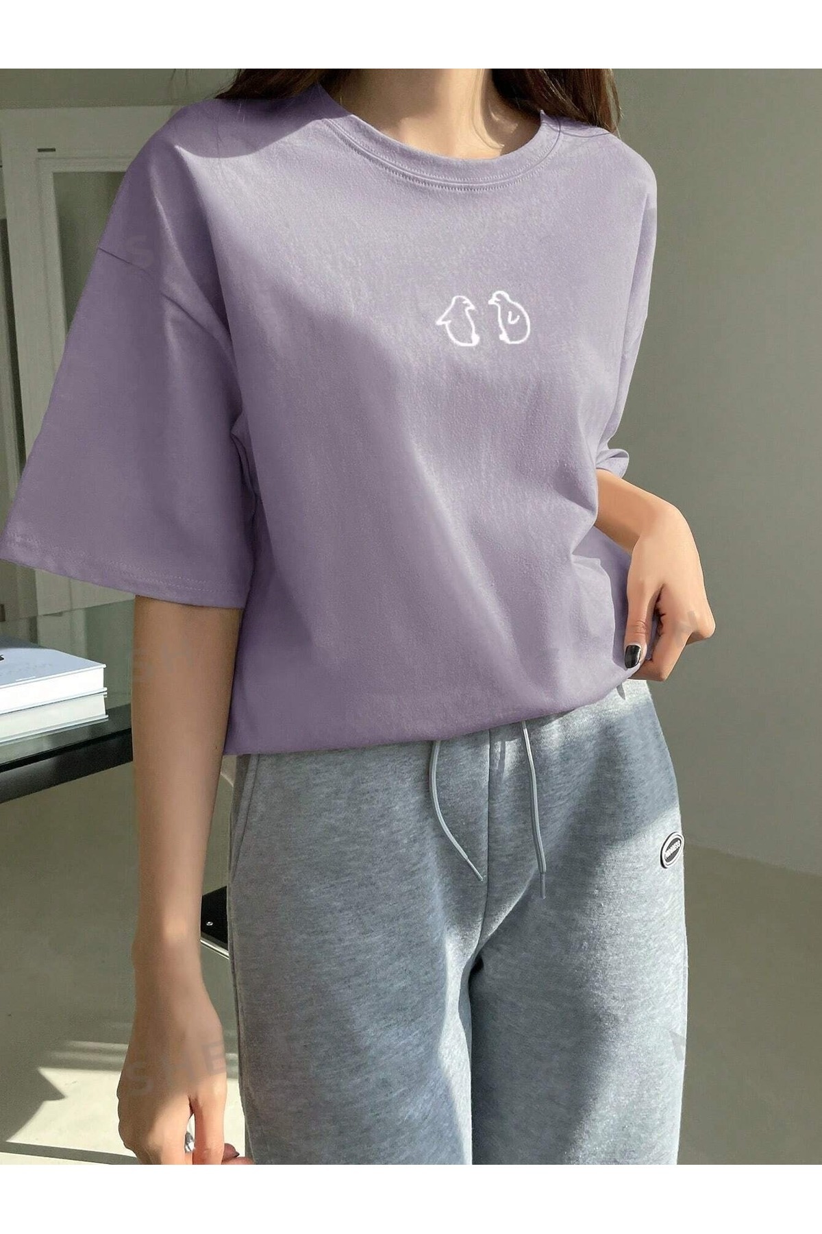 Women's Lilac Double Penguin Figure Printed Oversize T-shirt
