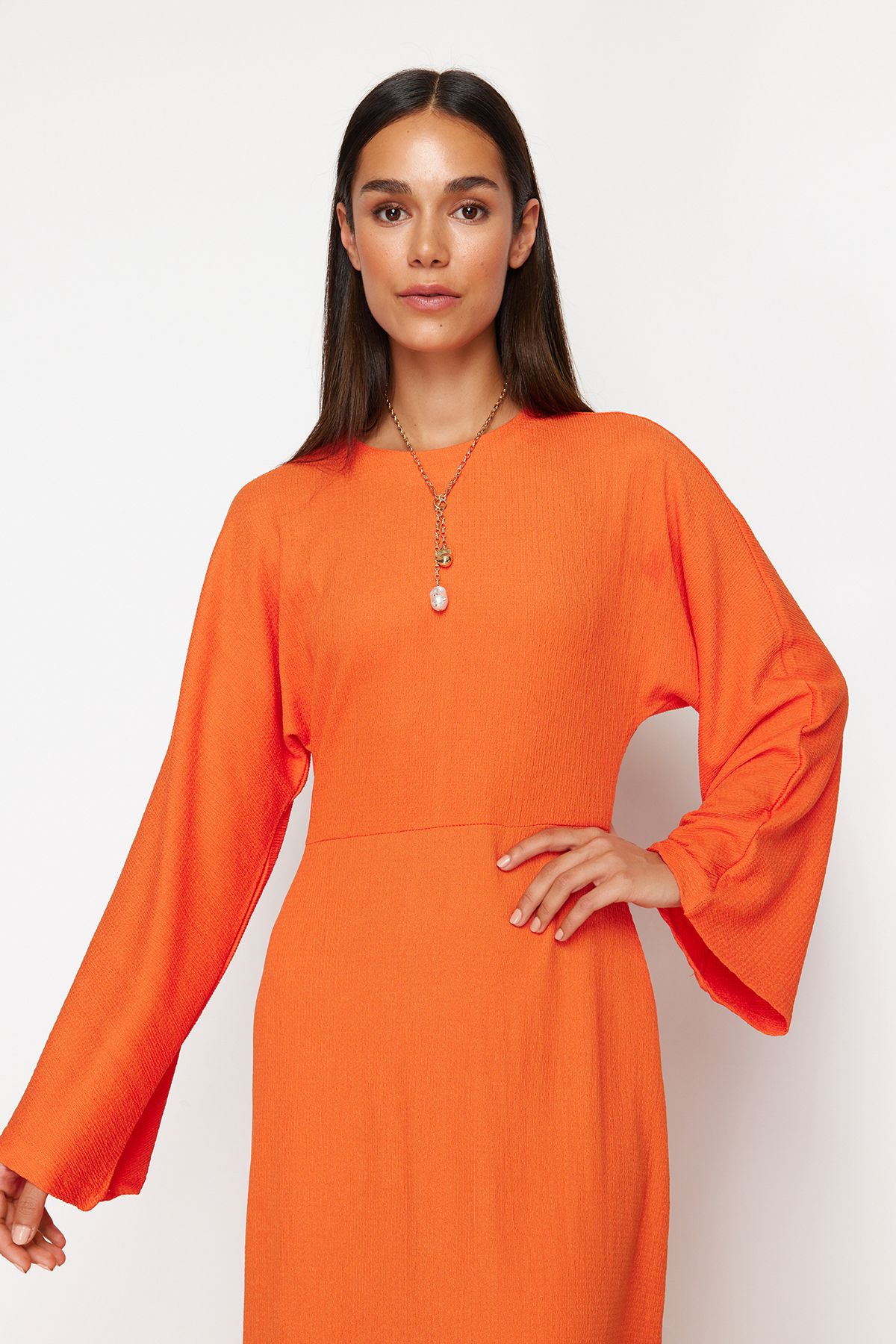 Trendyol Modest-Pomarańczowa sukienka dzianinowa z teksturą - hiszpańskie rękawy TCTSS23EB00210 3