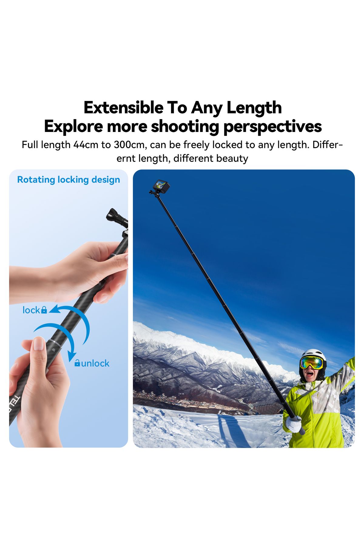 TELESIN-1.2M 3M Carbon Fiber Selfie Stick Monopod Extendable With 1/4 Screw For GoPro Insta360 Os... 4