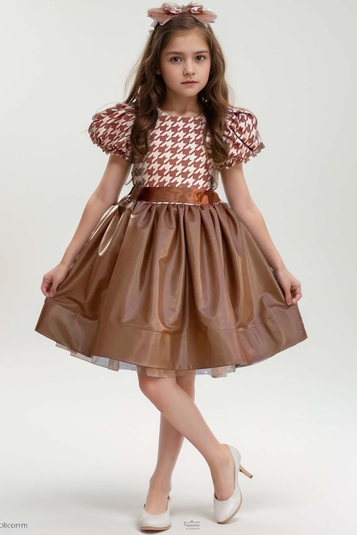 Girls Balloon Sleeve Houndstooth Pattern Leather Skirt Tulle Detailed Tan Dress