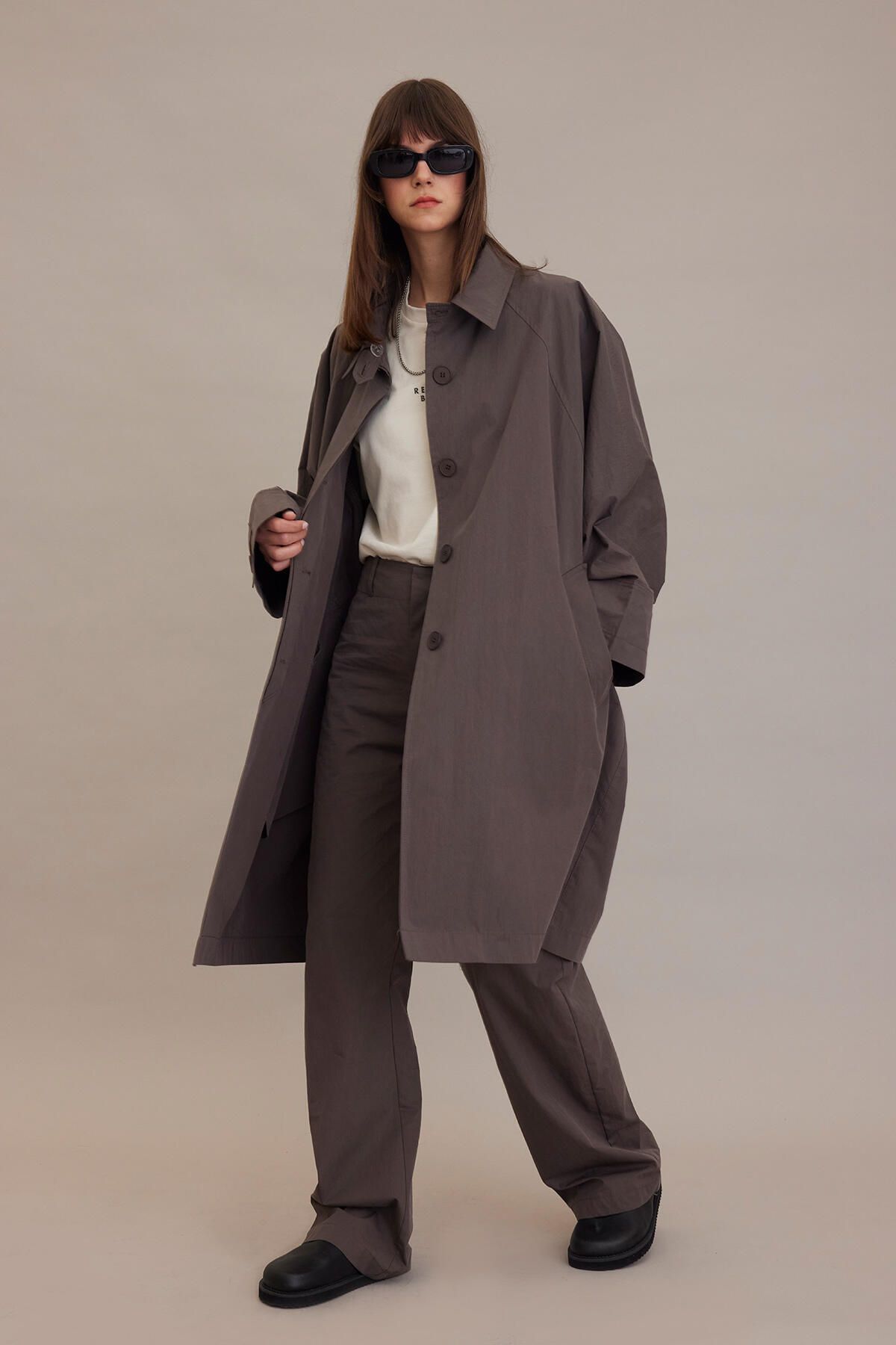 Manuka-OVERSIZE TKANINA TECHNICZNA trencz taupe 7