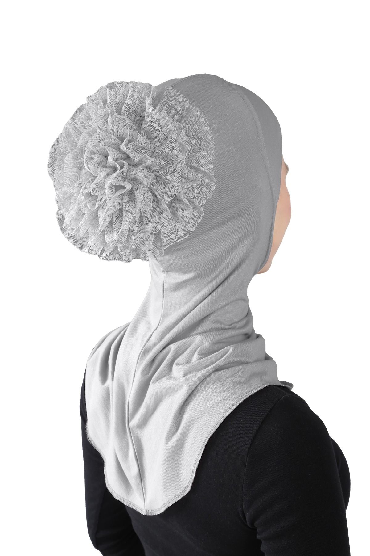 Ecardin-Turban Hijab mare din viscoză gri închis - cu dantelă, coc - St 124 2