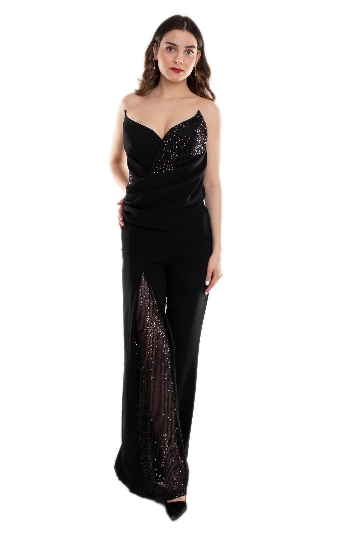 Ayhan 70510 Straplez Göğüs ve Paça Pulpayet Detay Kadın Krep Tulum