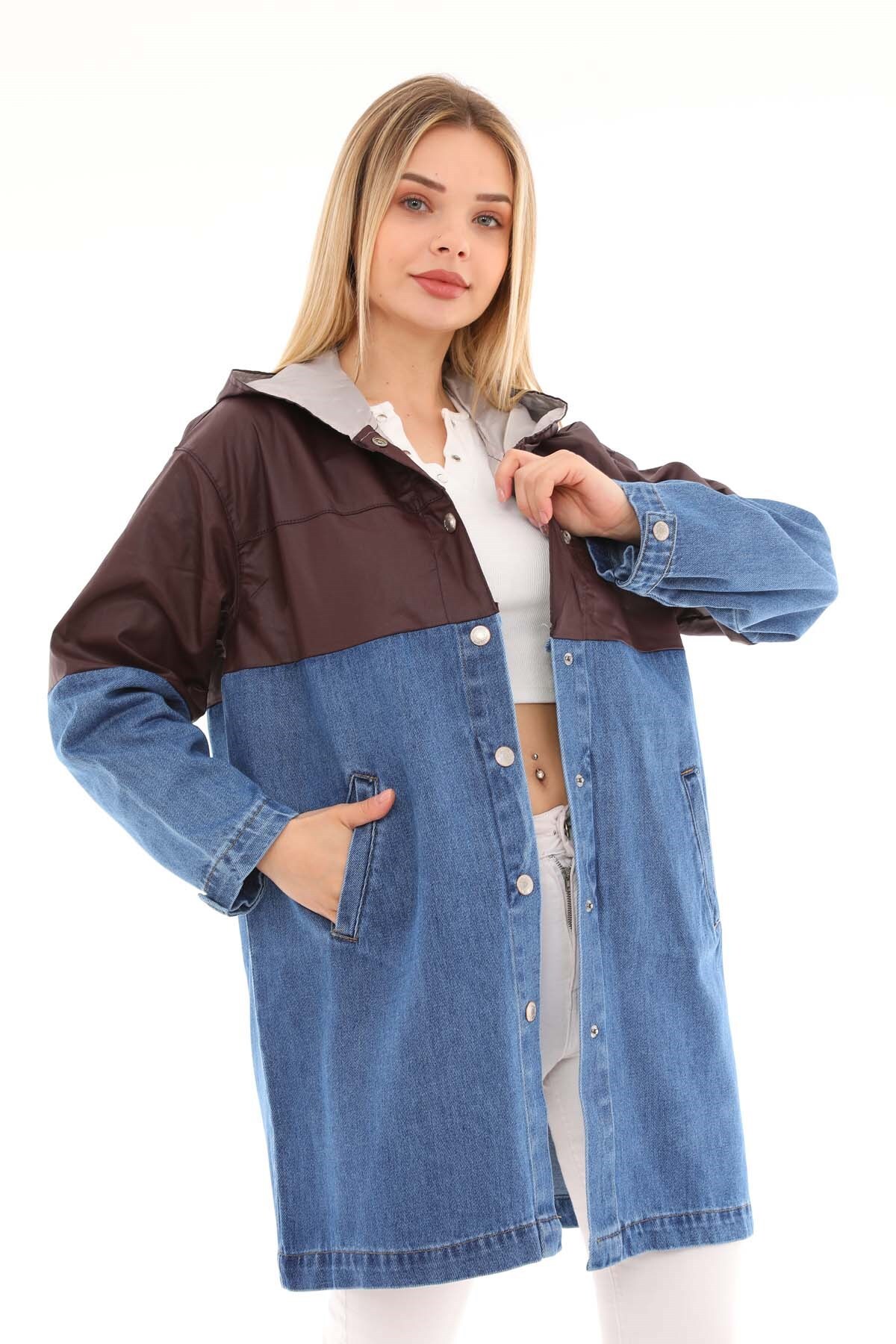 THE BARK  Kapişonlu Çift Renk Kadın Rüzgarlık 1177-1 Kahve