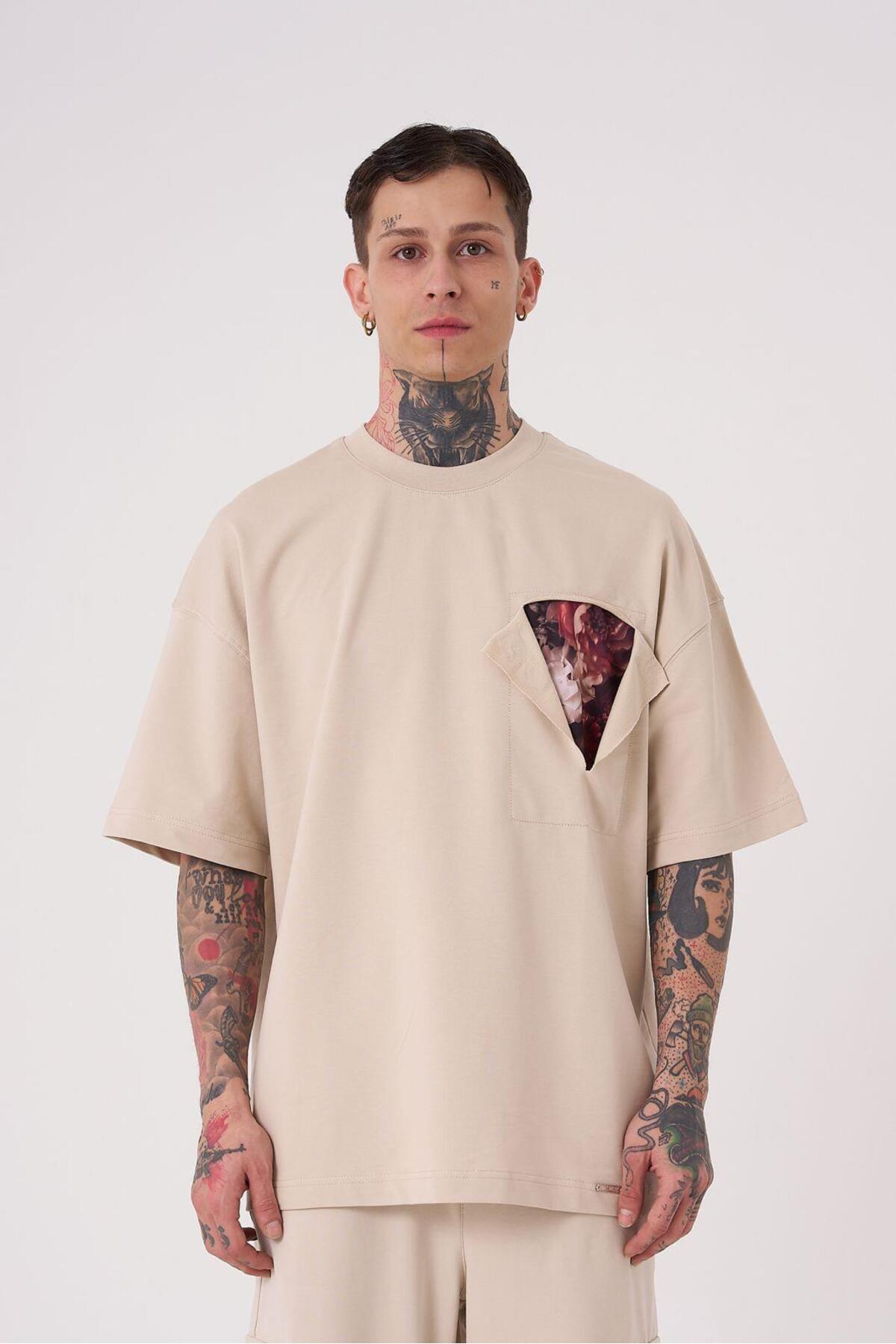 تیشرت اکرو سایز چاپی پچ گل مردانه