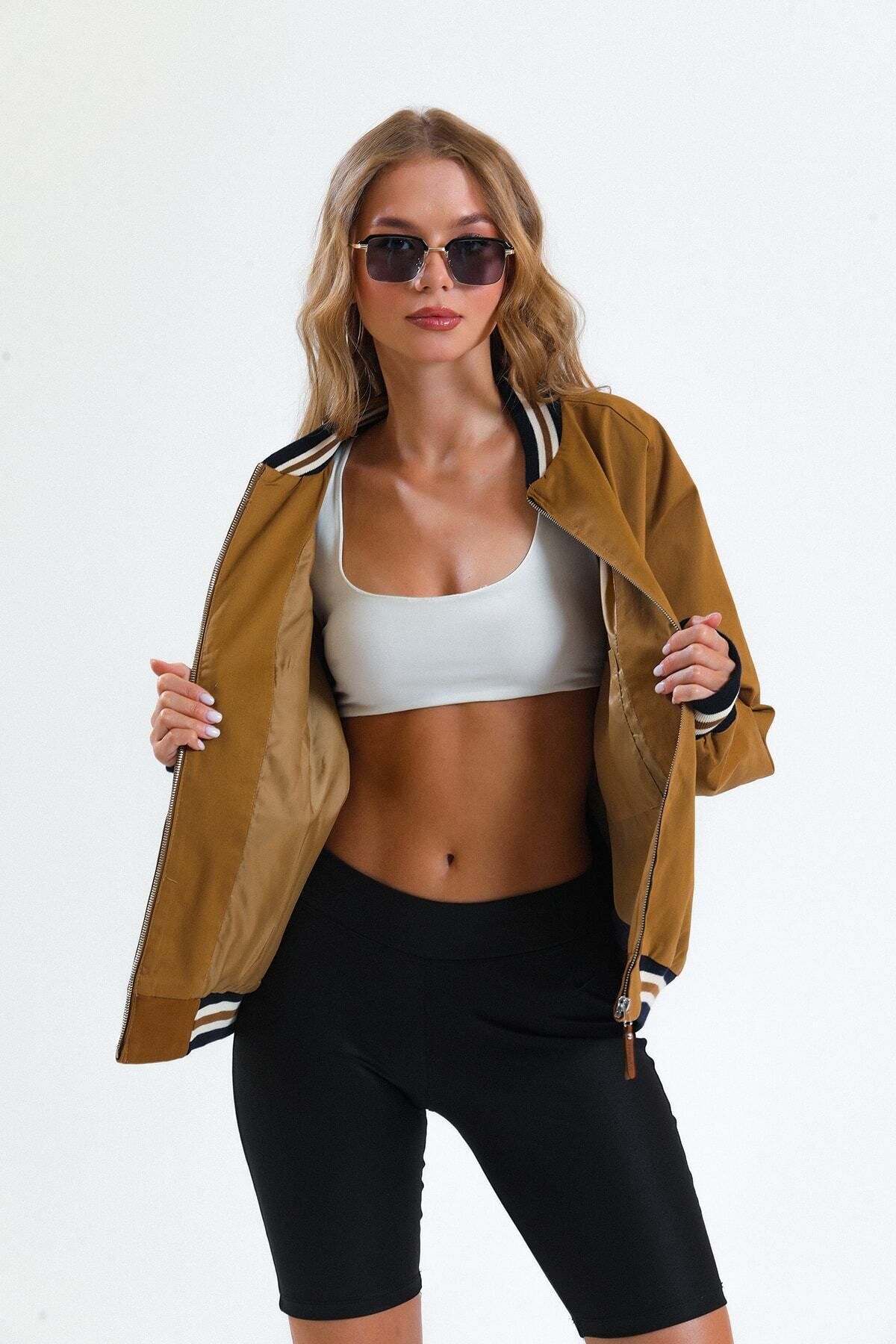Kahverengi Fermuarlı Astarlı Unisex Bomber Ceket - Trojan